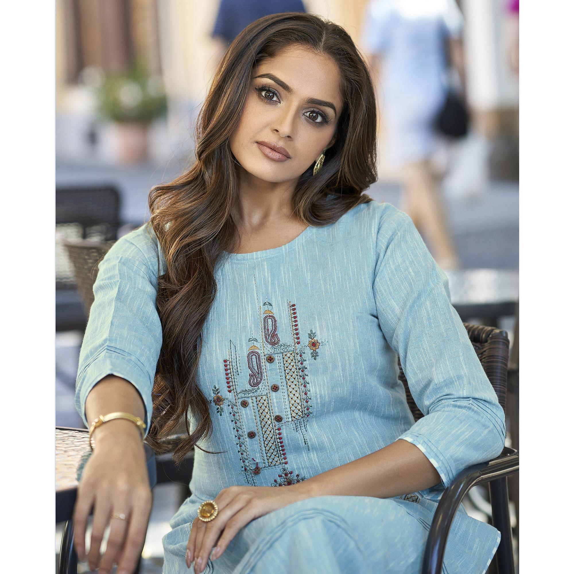 Light Blue  Embroidered Cotton Kurti - Pant Set - Peachmode