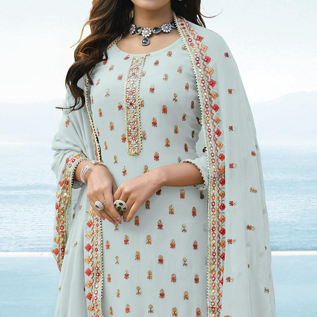 Light Blue Embroidered Georgette Palazzo Suit - Peachmode