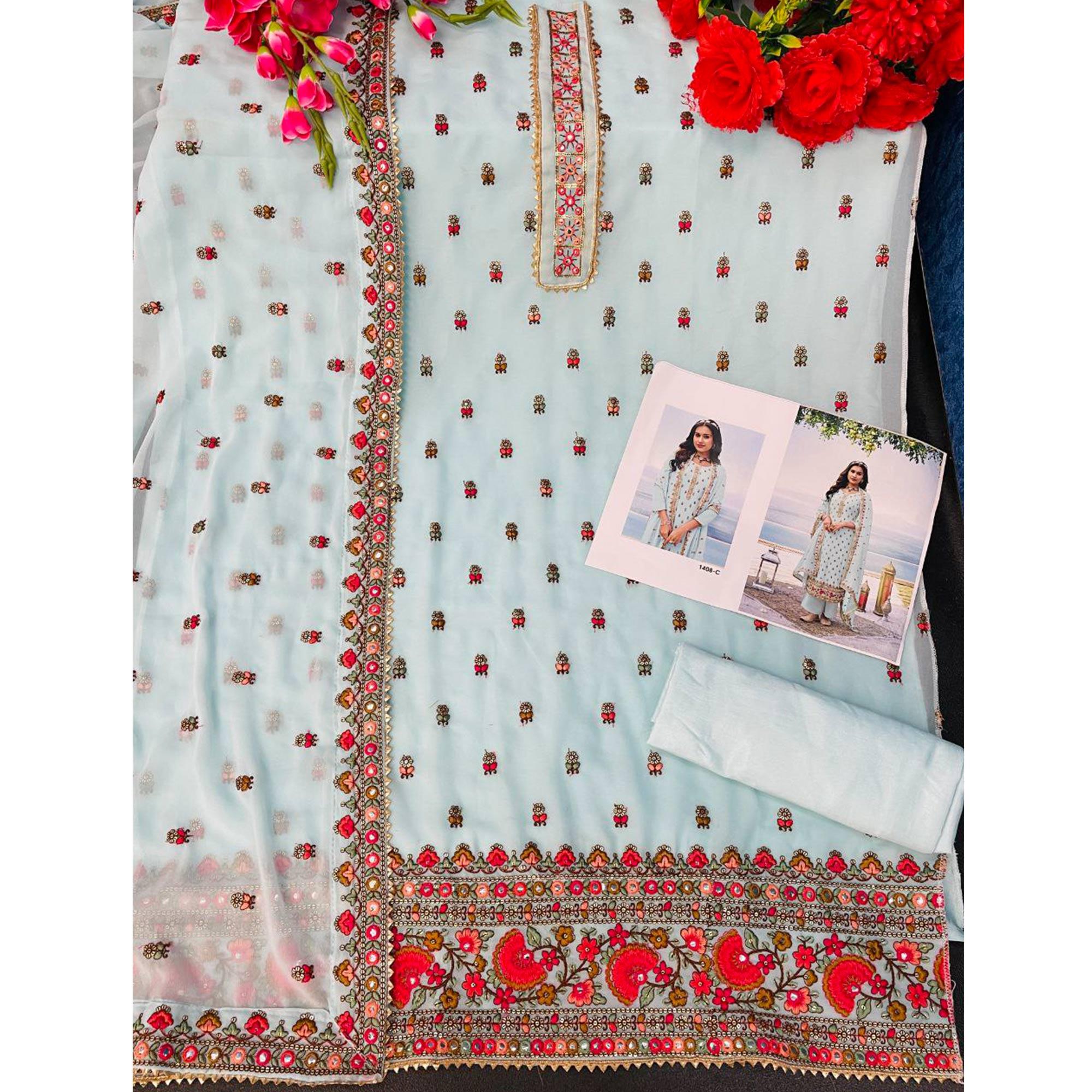 Light Blue Embroidered Georgette Palazzo Suit - Peachmode