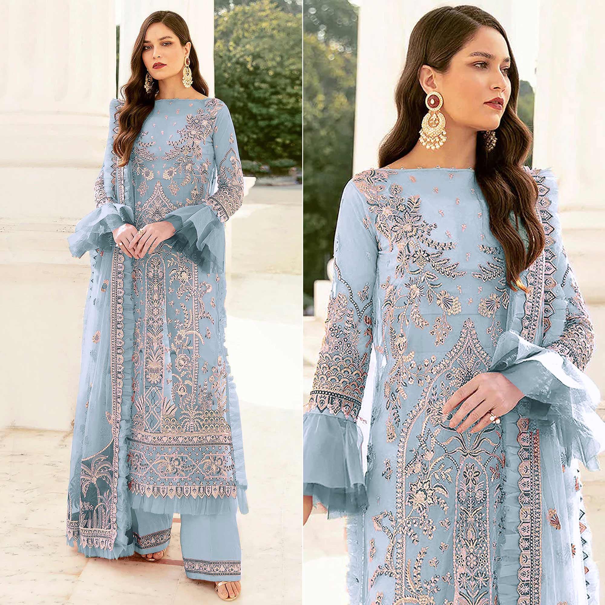 Light Blue Embroidered Netted Pakistani Suit - Peachmode