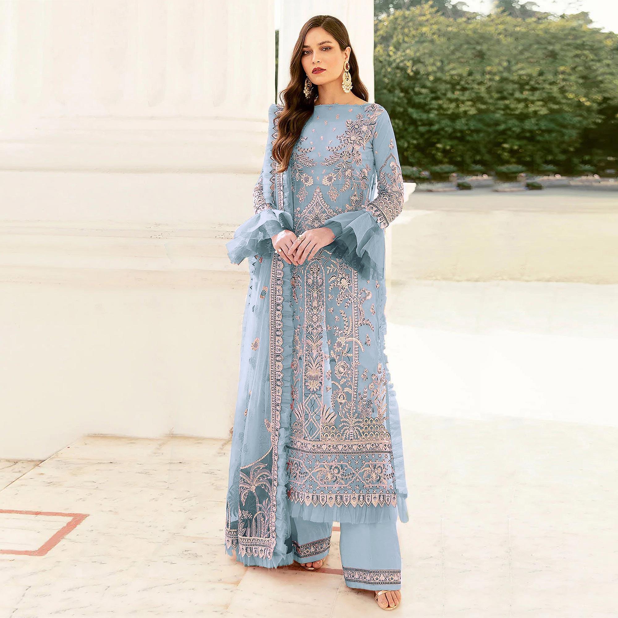 Light Blue Embroidered Netted Pakistani Suit