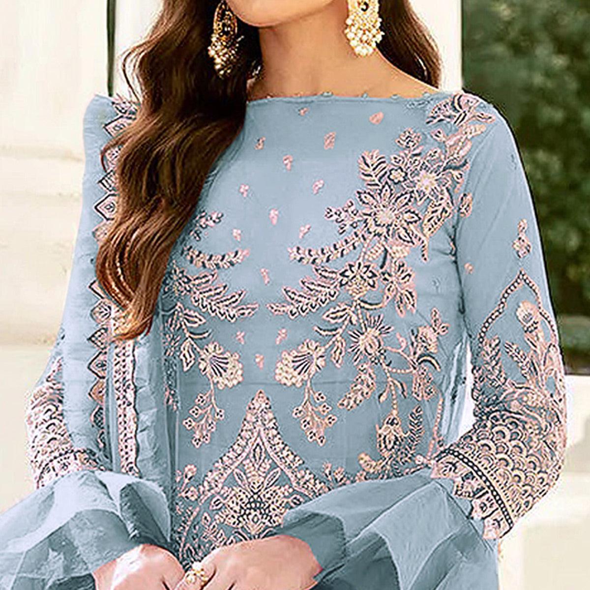 Light Blue Embroidered Netted Pakistani Suit - Peachmode