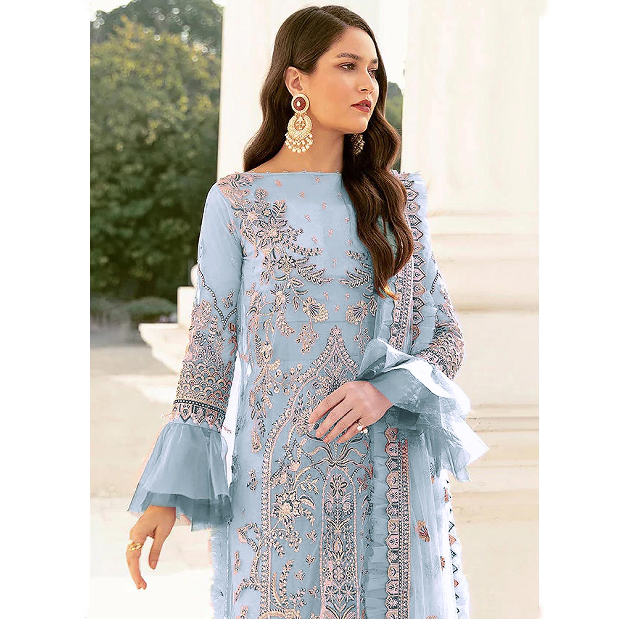 Light Blue Embroidered Netted Pakistani Suit - Peachmode