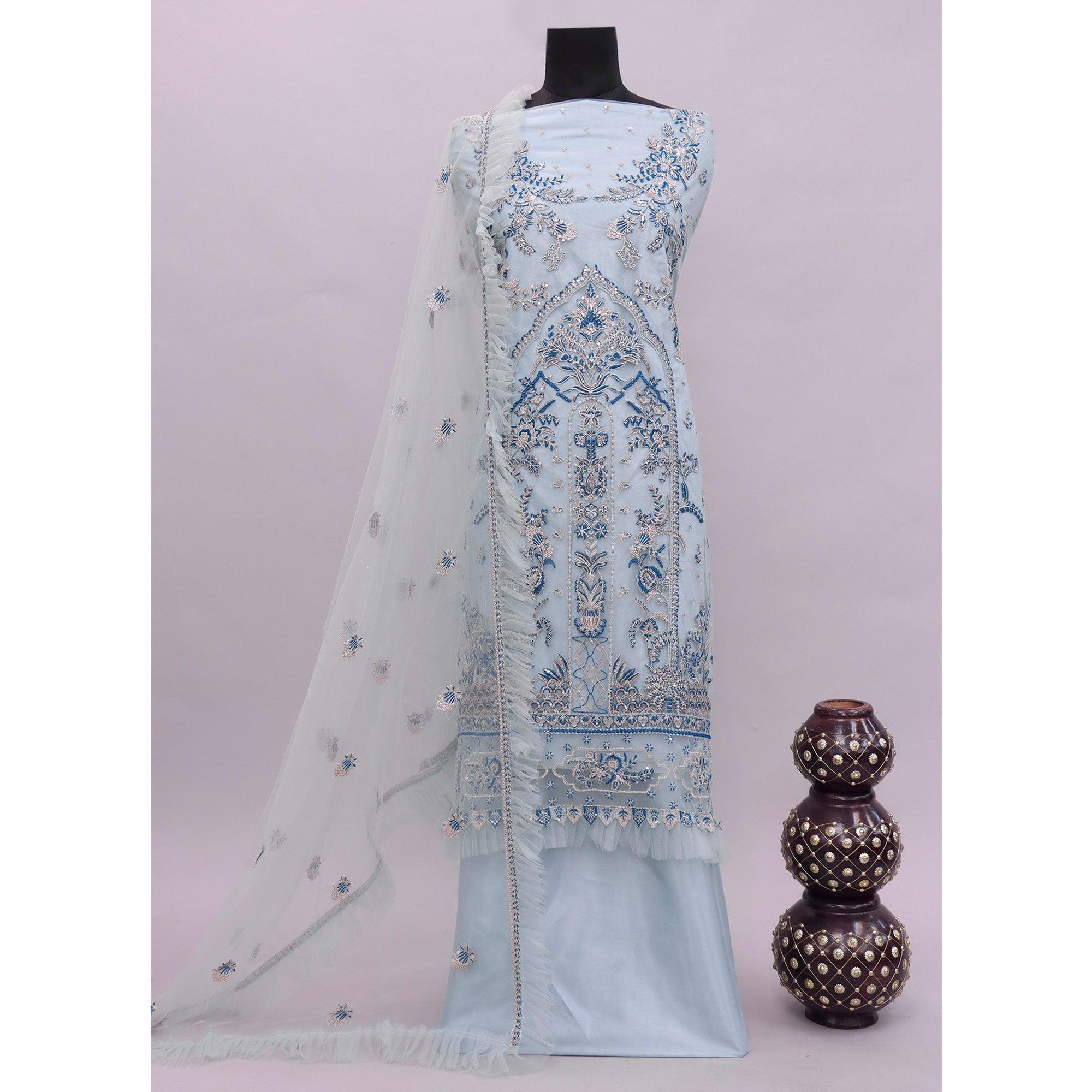 Light Blue Embroidered Netted Pakistani Suit - Peachmode