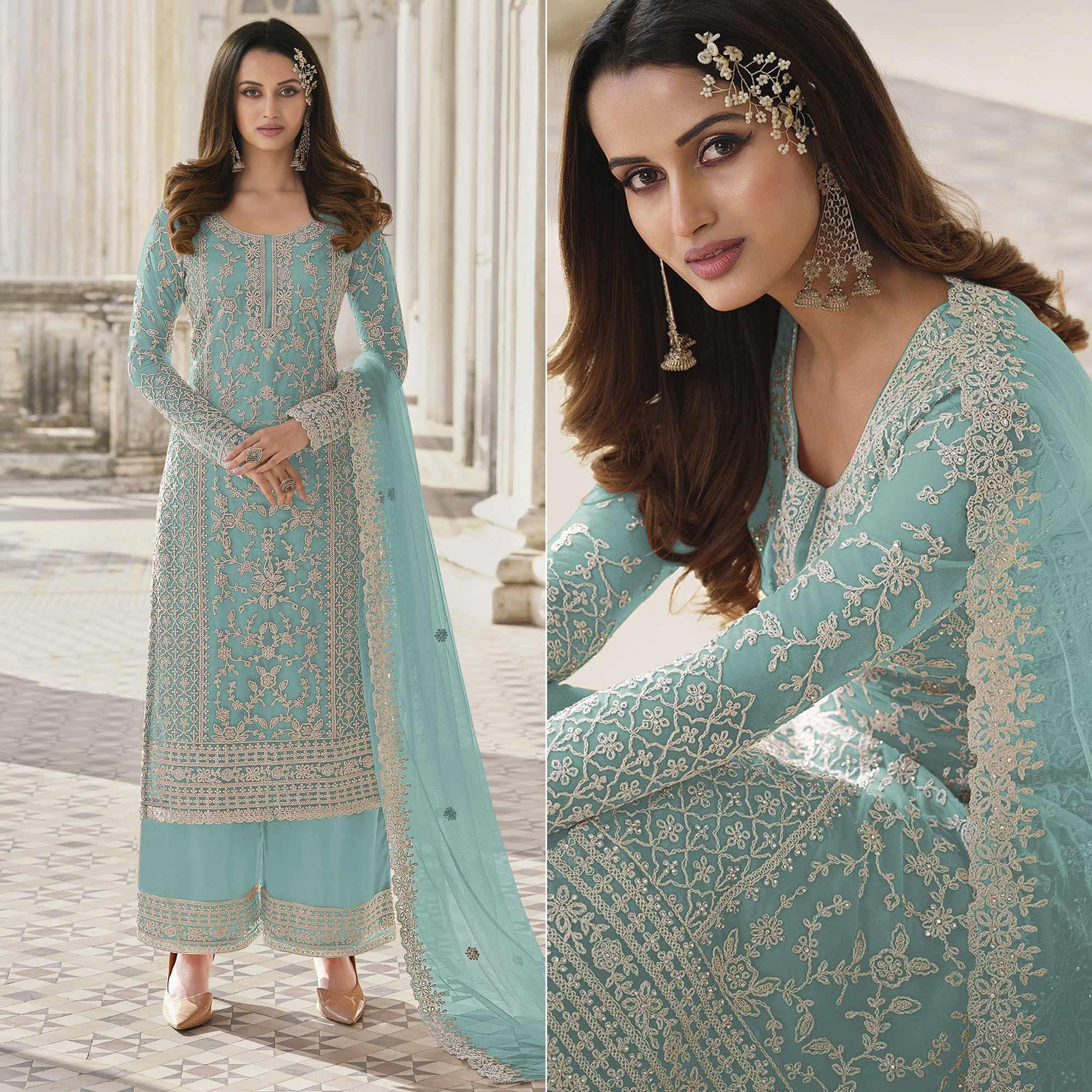 Light Blue Embroidered Netted Palazzo Suit - Peachmode