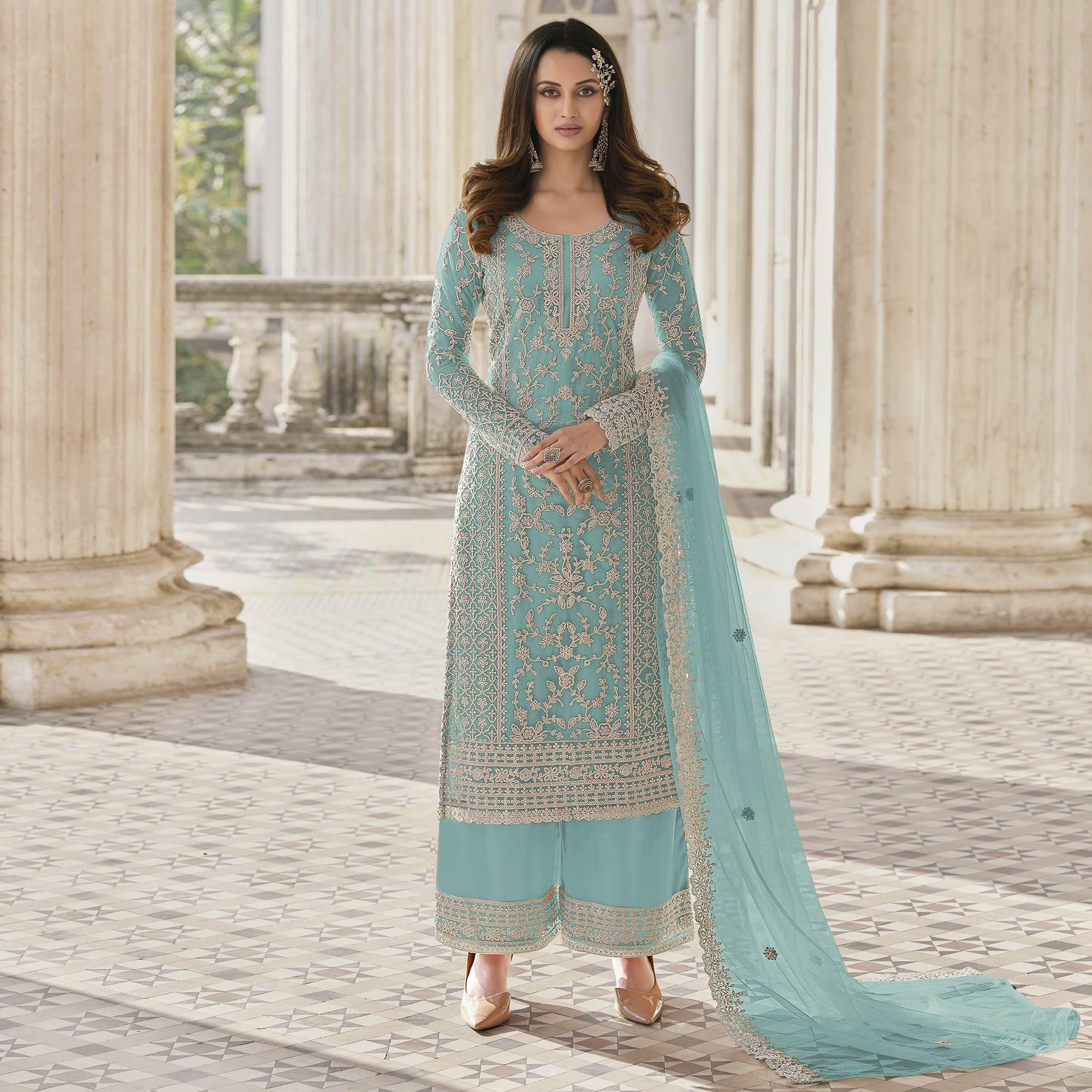 Light Blue Embroidered Netted Palazzo Suit - Peachmode