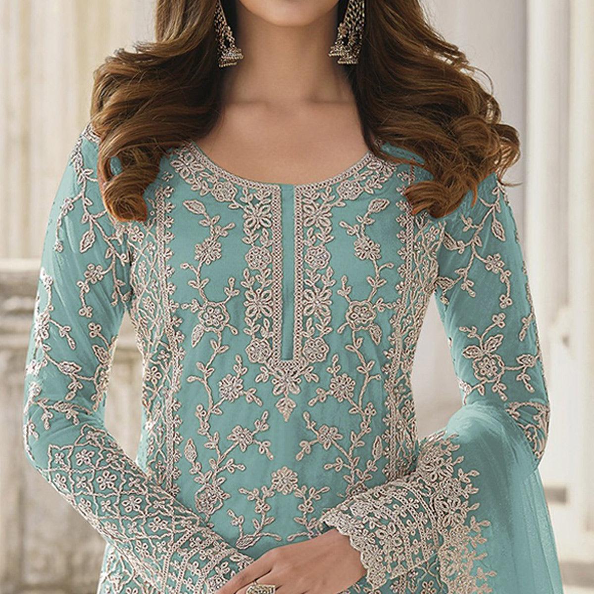 Light Blue Embroidered Netted Palazzo Suit - Peachmode