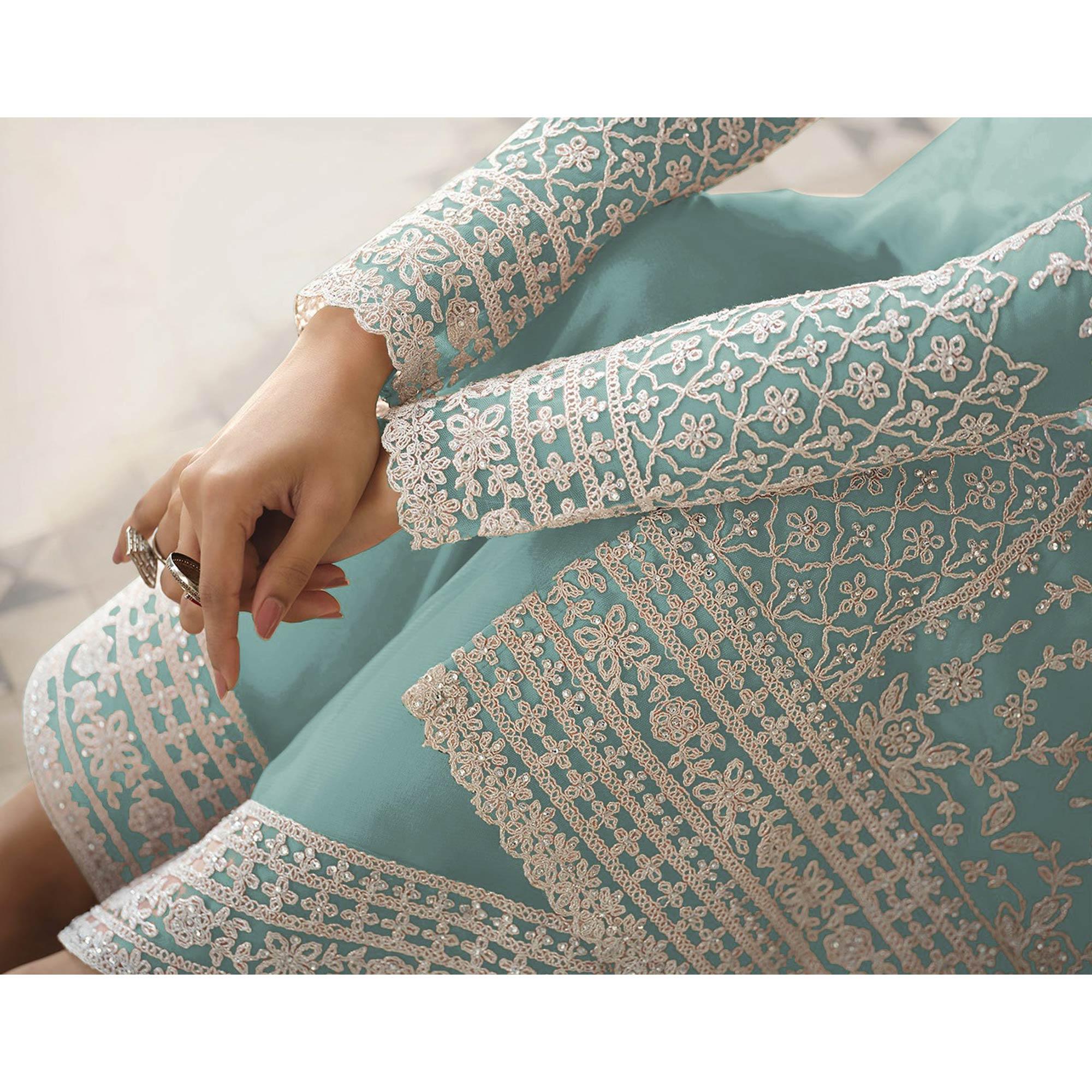 Light Blue Embroidered Netted Palazzo Suit - Peachmode