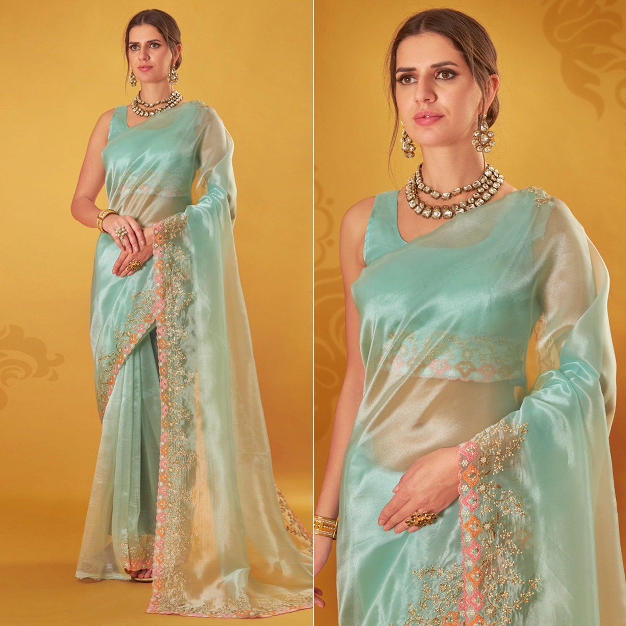 Light Blue Embroidered Organza Saree - Peachmode