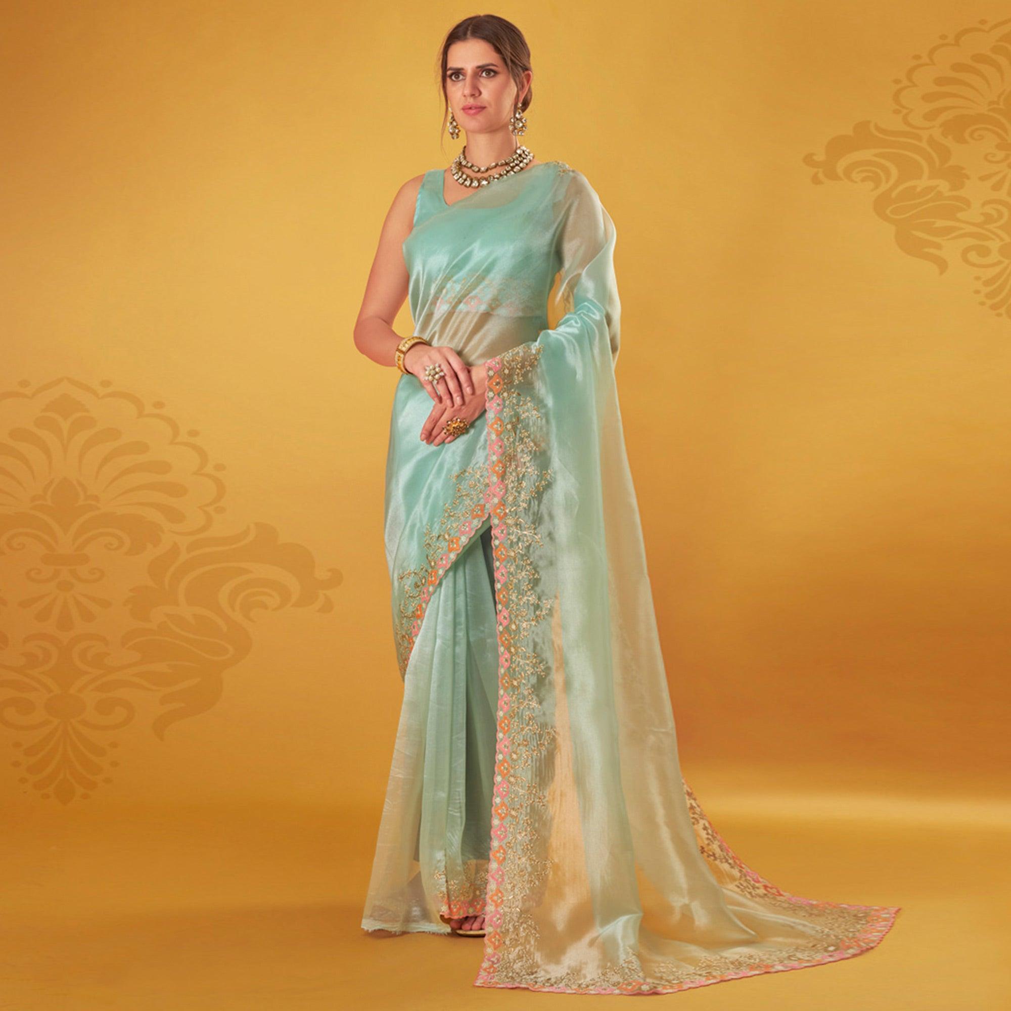 Light Blue Embroidered Organza Saree - Peachmode