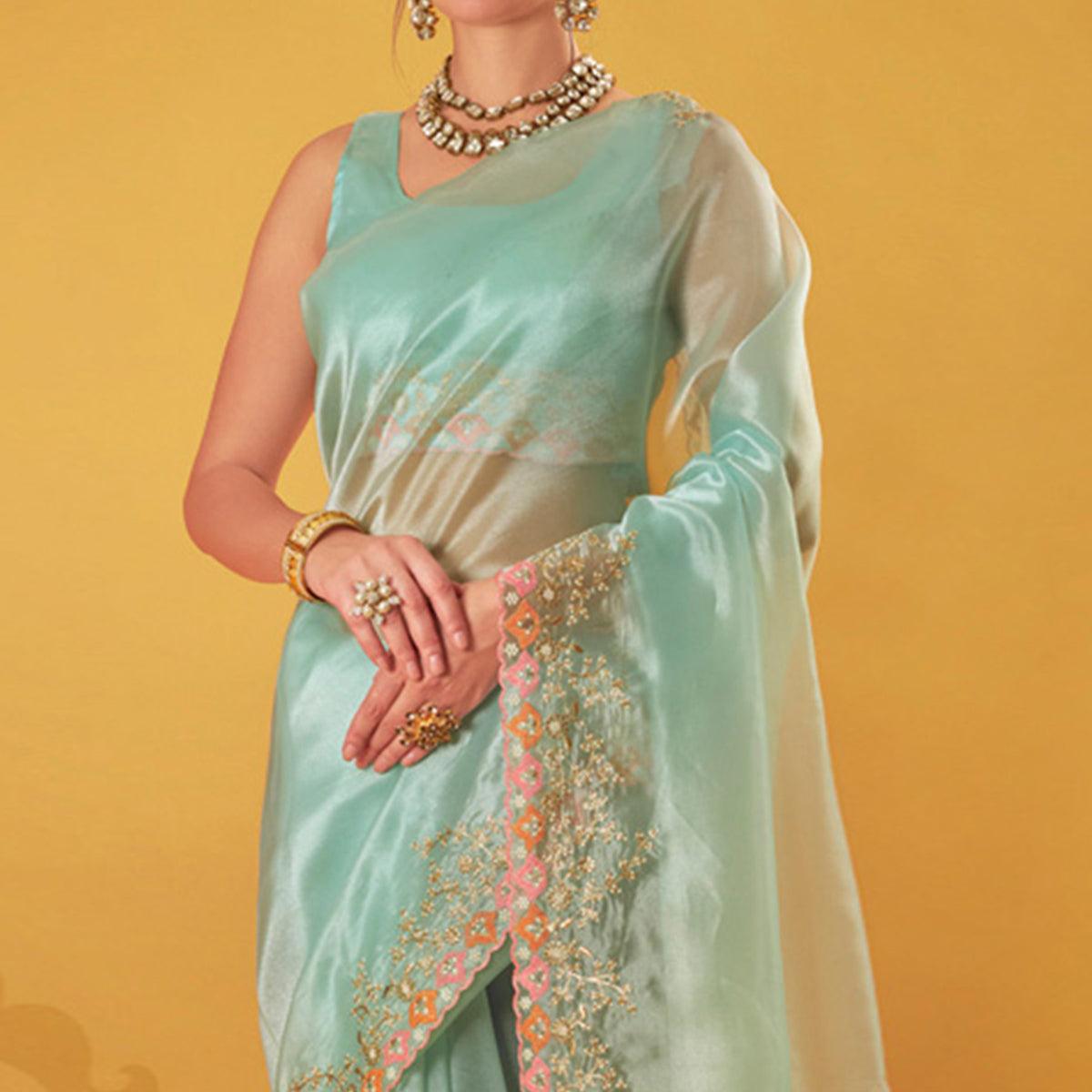 Light Blue Embroidered Organza Saree - Peachmode