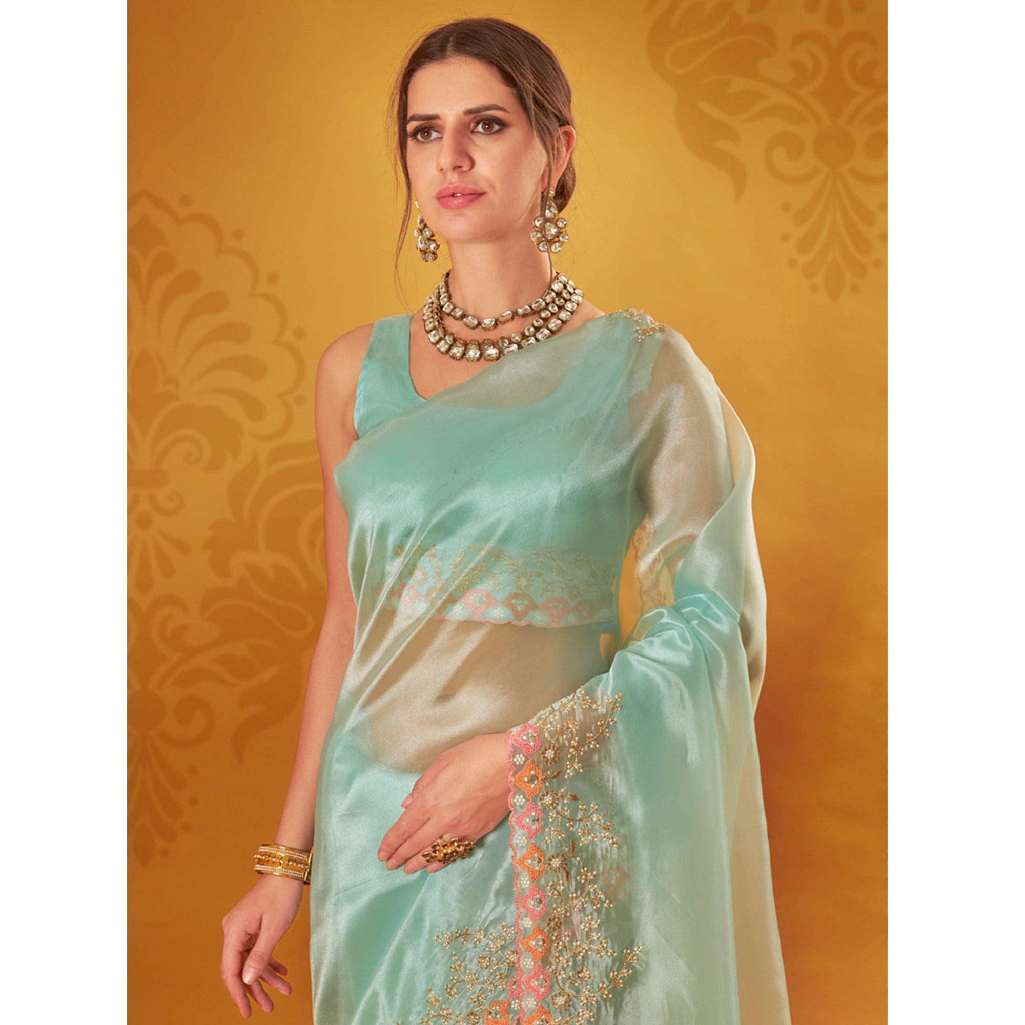 Light Blue Embroidered Organza Saree - Peachmode