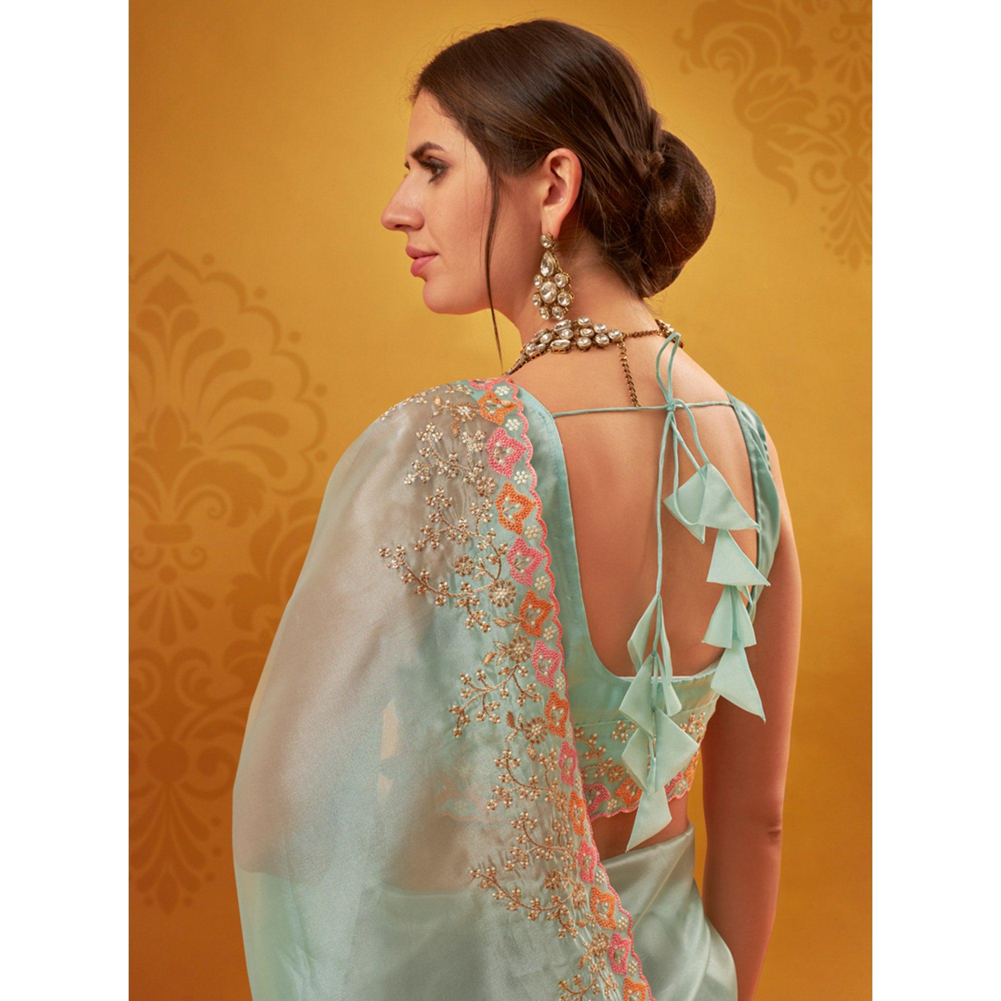 Light Blue Embroidered Organza Saree - Peachmode