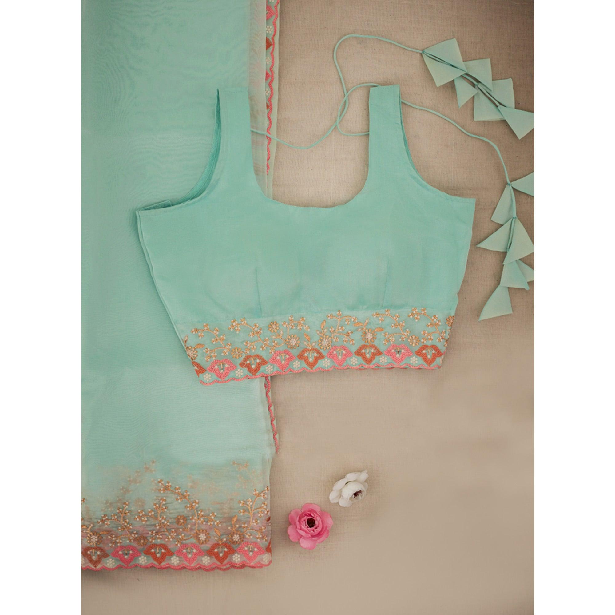 Light Blue Embroidered Organza Saree - Peachmode