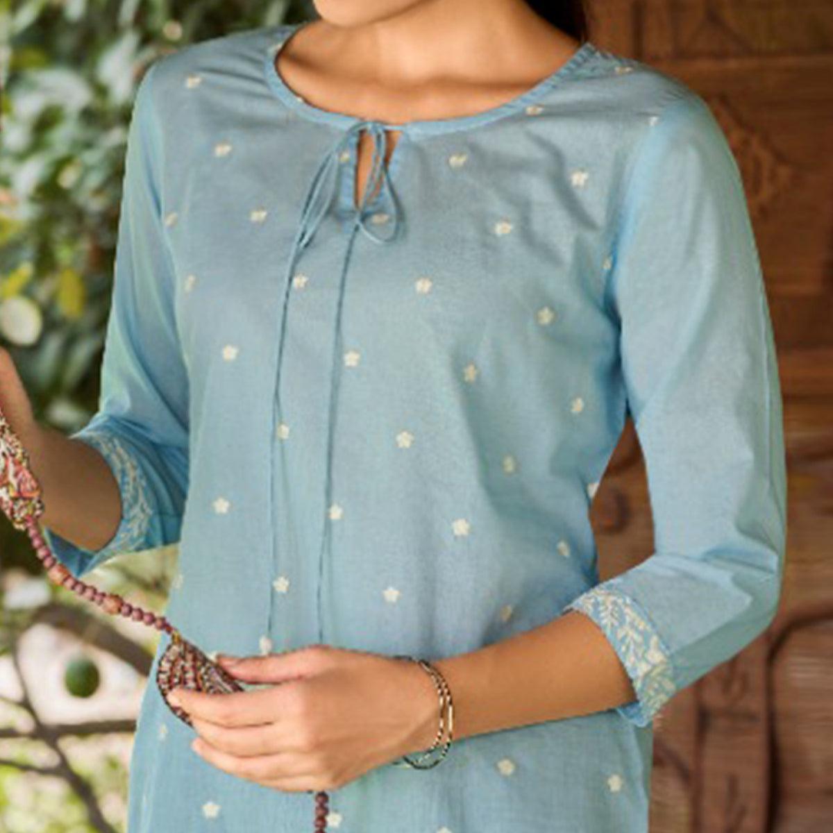 Light Blue Embroidered Pure Cotton Top - Peachmode