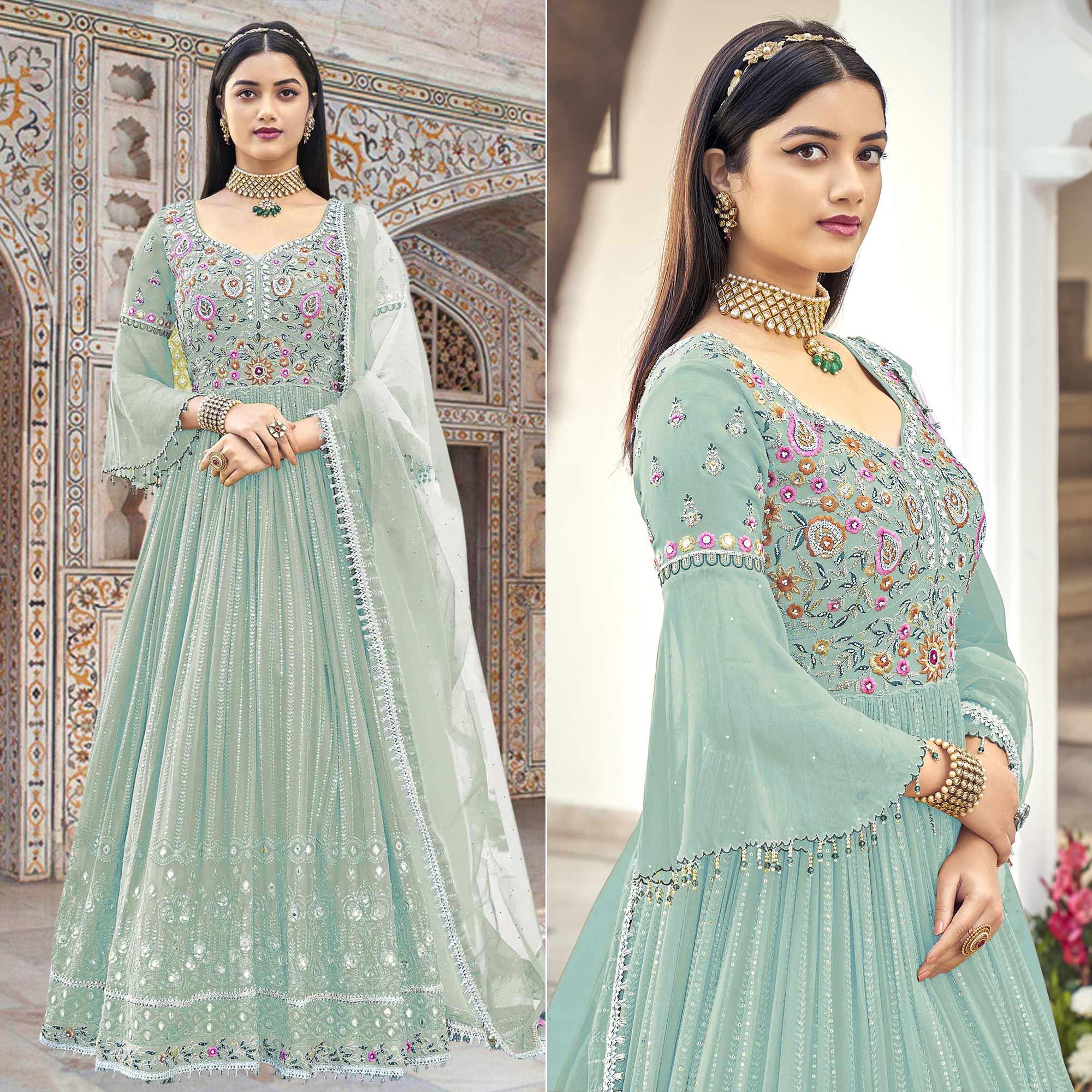 Light Blue Embroidered With Embellished Georgette Anarkali Style Gown - Peachmode