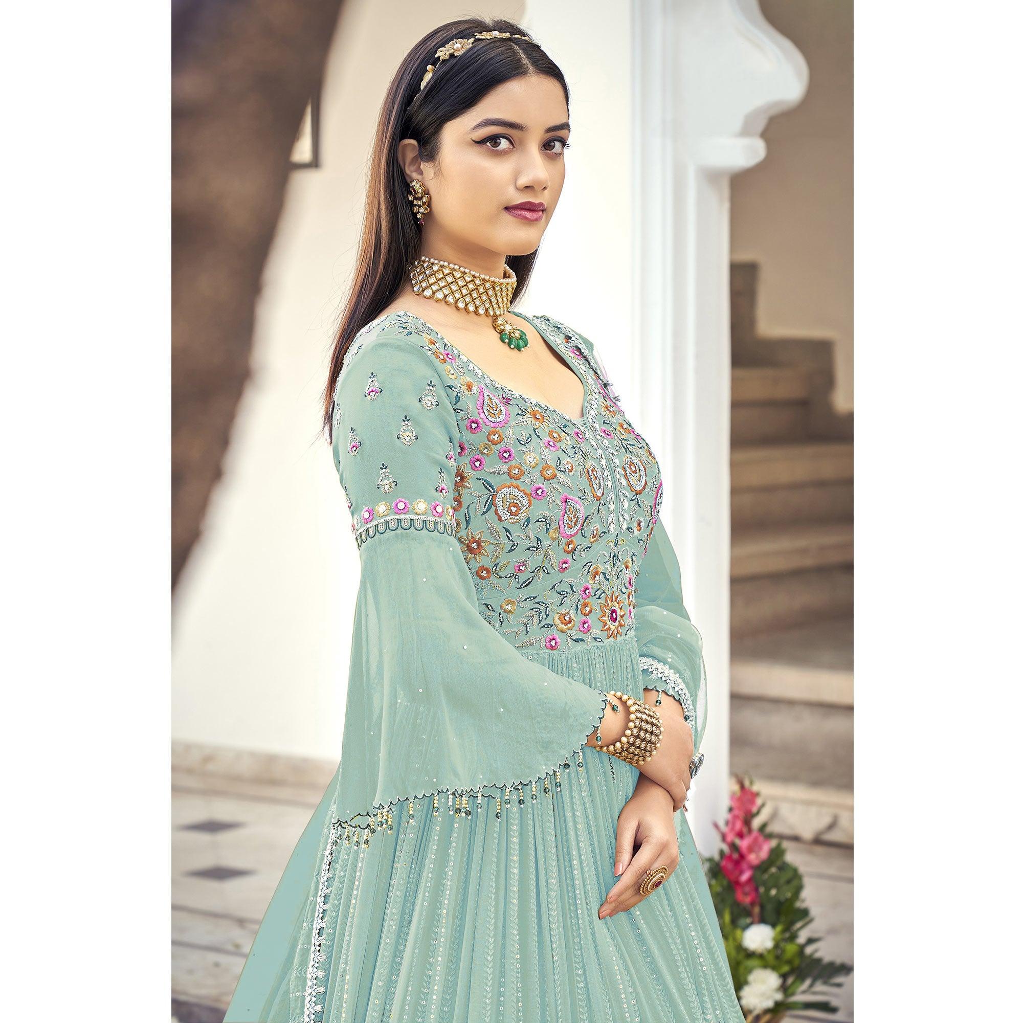 Light Blue Embroidered With Embellished Georgette Anarkali Style Gown - Peachmode