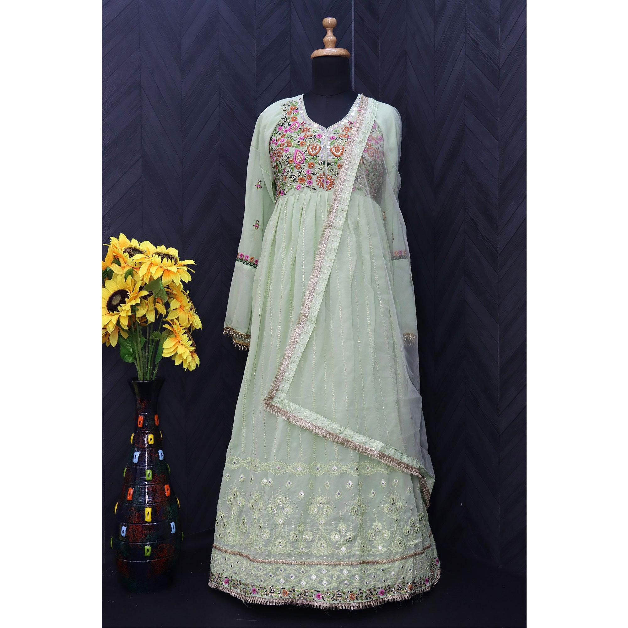 Light Blue Embroidered With Embellished Georgette Anarkali Style Gown - Peachmode