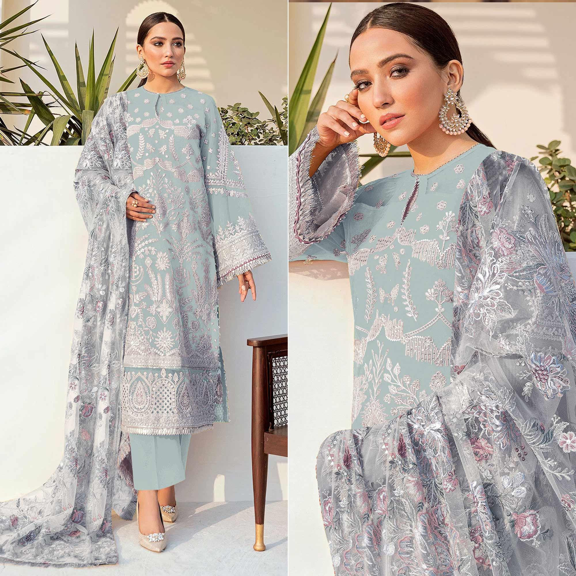 Light Blue Embroidered With Embellished Georgette Pakistani Suit - Peachmode
