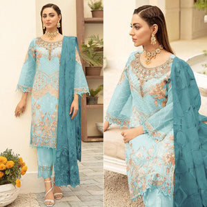 Light Blue Embroidered With Embellished Georgette Pakistani Suit - Peachmode