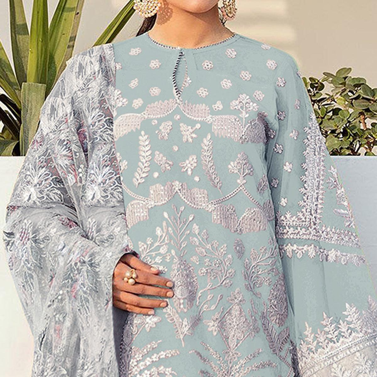Light Blue Embroidered With Embellished Georgette Pakistani Suit - Peachmode