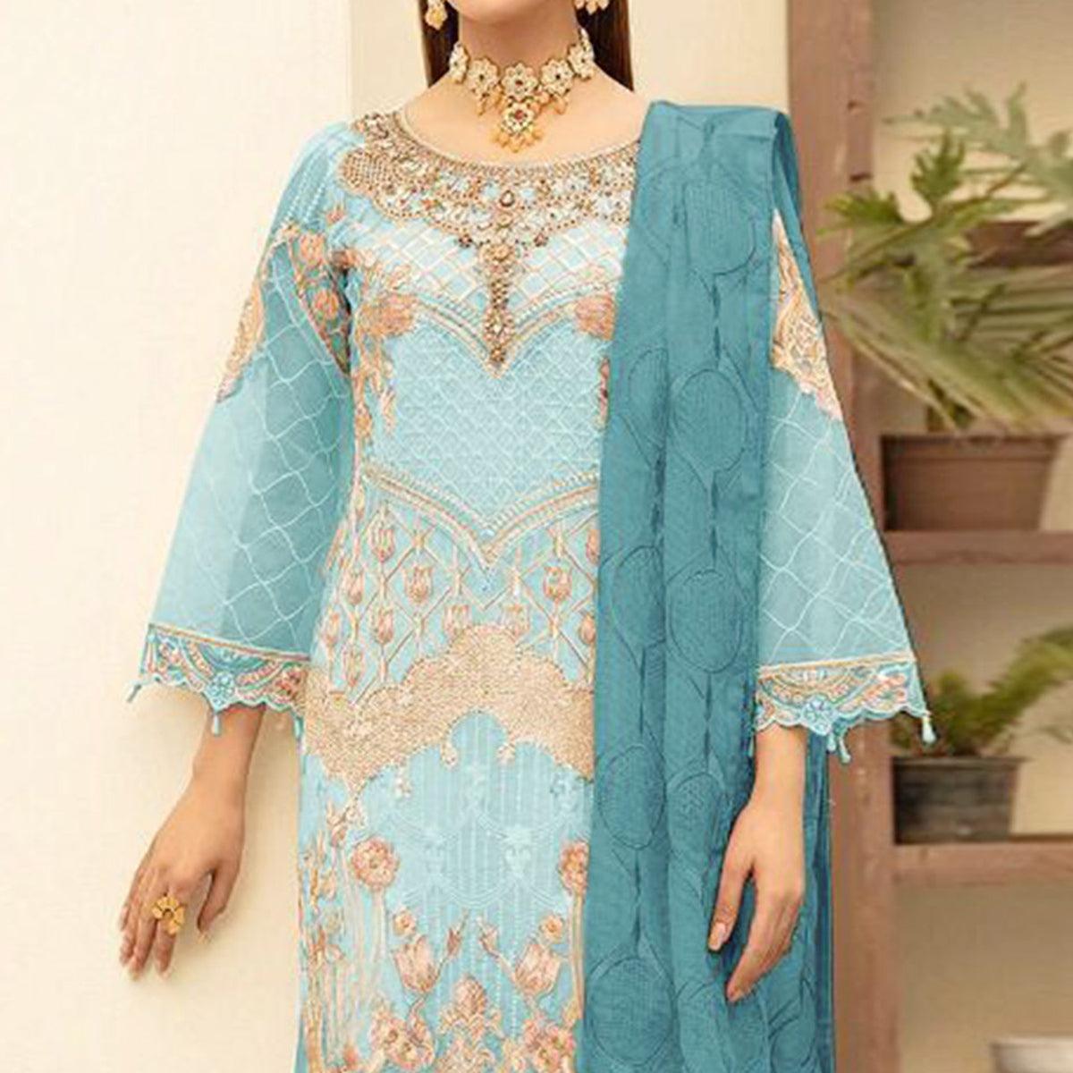 Light Blue Embroidered With Embellished Georgette Pakistani Suit - Peachmode