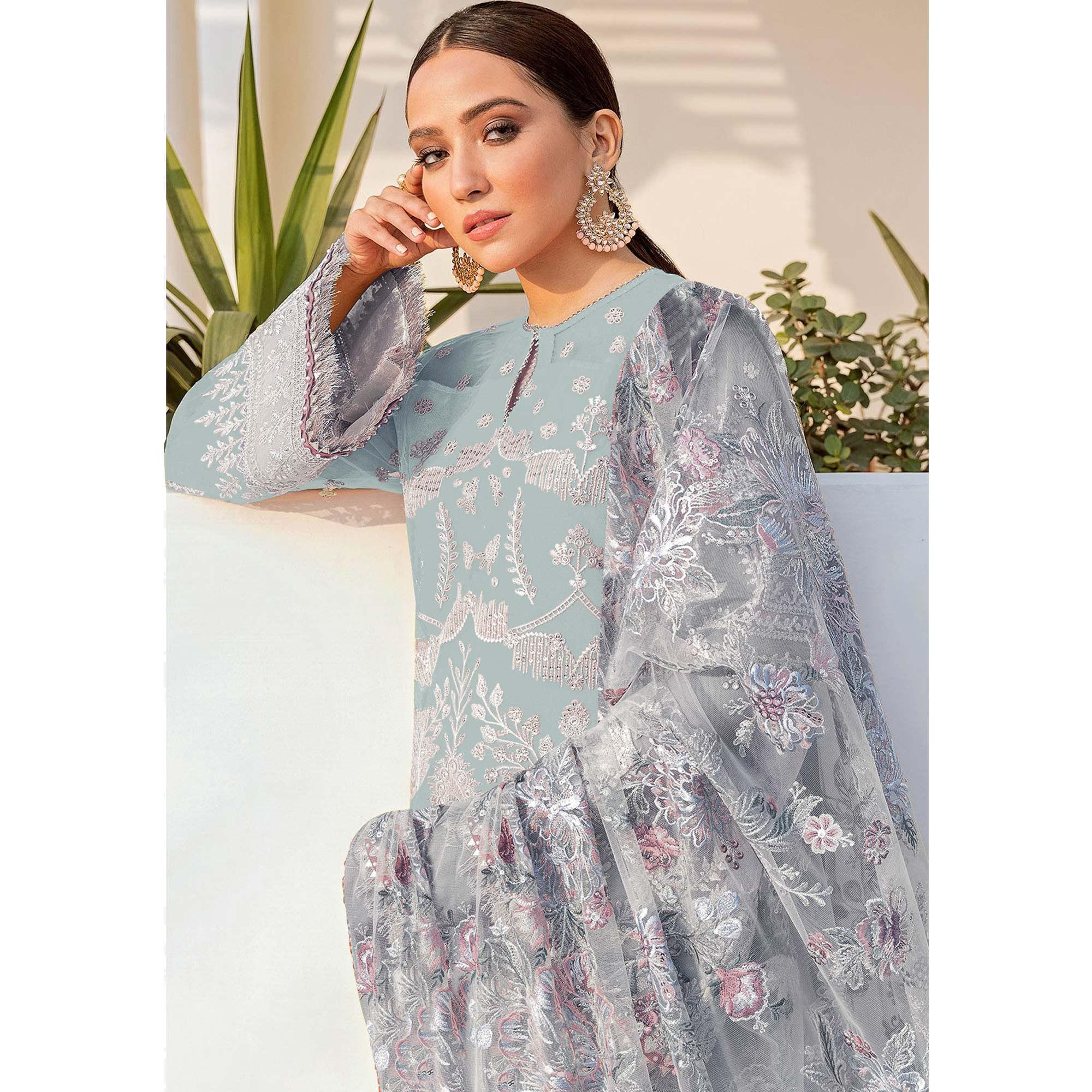 Light Blue Embroidered With Embellished Georgette Pakistani Suit - Peachmode
