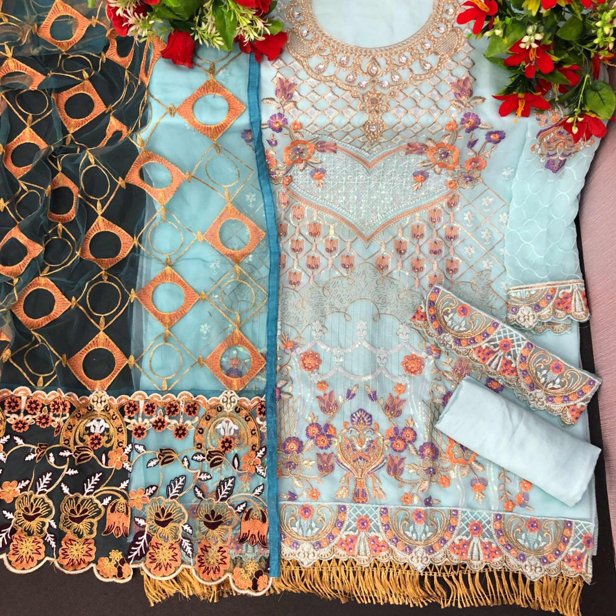 Light Blue Embroidered With Embellished Georgette Pakistani Suit - Peachmode