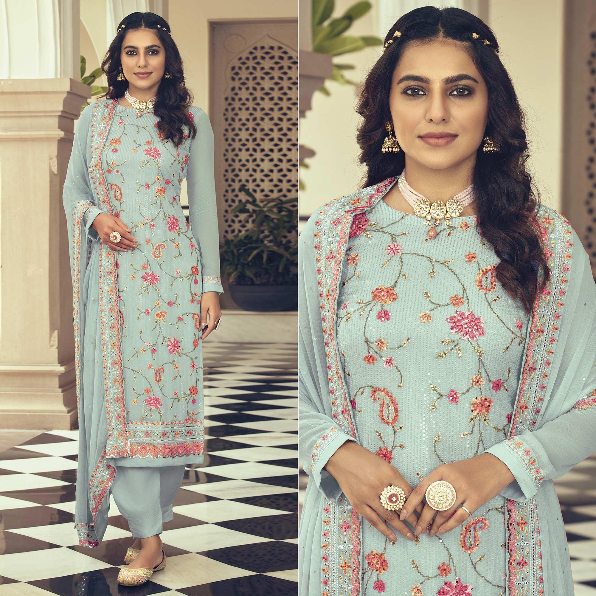 Light Blue Embroidered With Embellished Georgette Salwar Suit - Peachmode