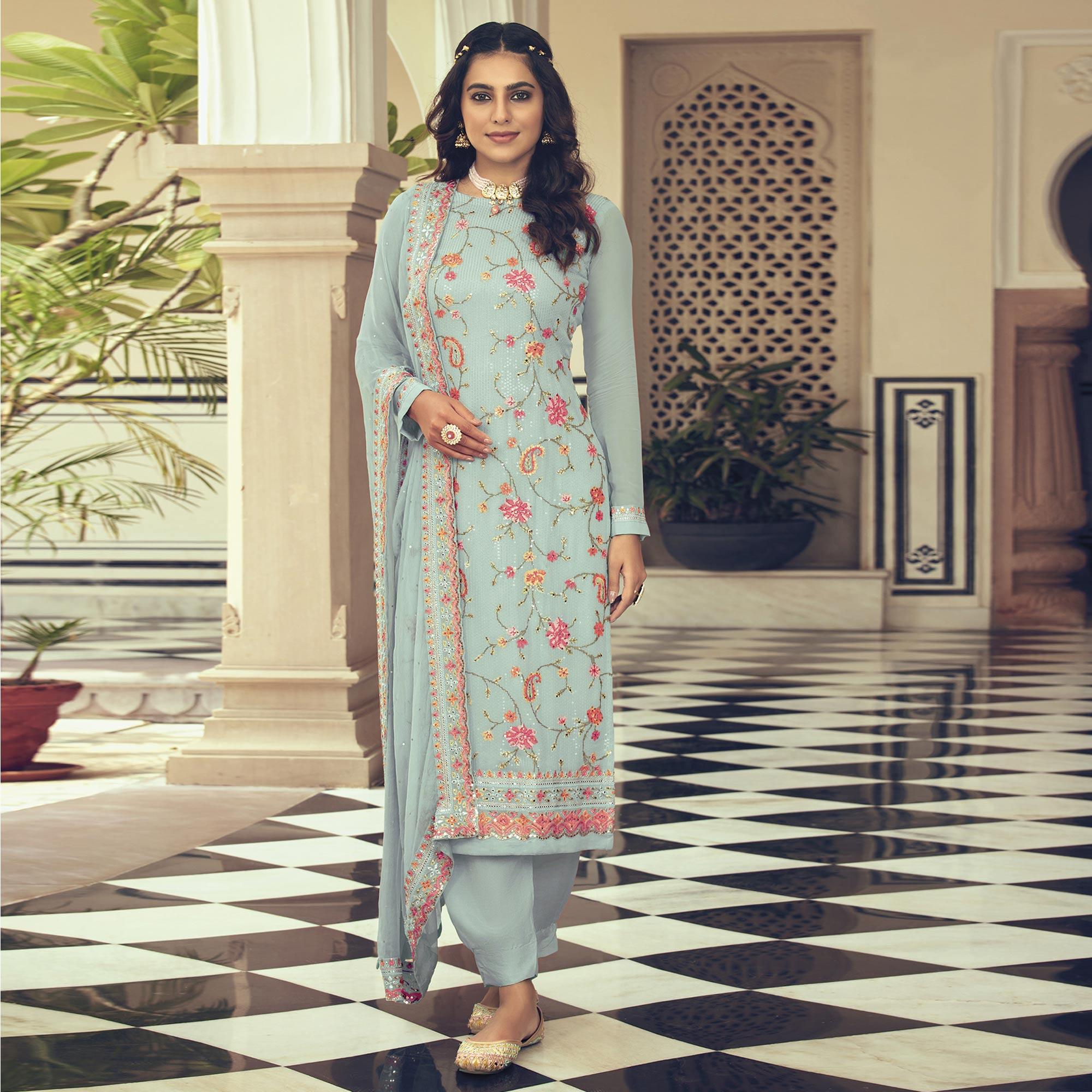 Light Blue Embroidered With Embellished Georgette Salwar Suit - Peachmode