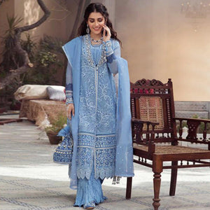 Light Blue Embroidered With Embellished Net Pakistani Suit - Peachmode