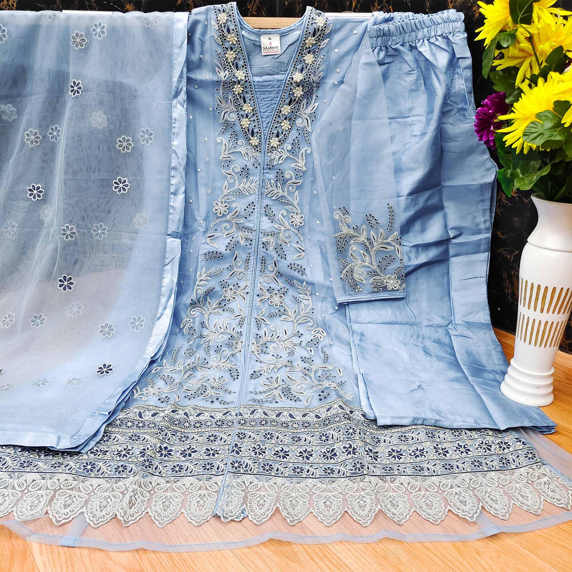 Light Blue Embroidered With Embellished Net Pakistani Suit - Peachmode