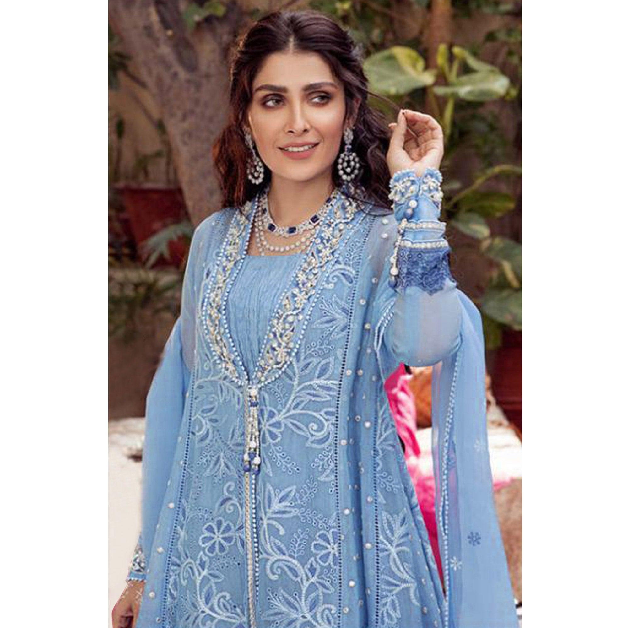 Light Blue Embroidered With Embellished Net Pakistani Suit - Peachmode