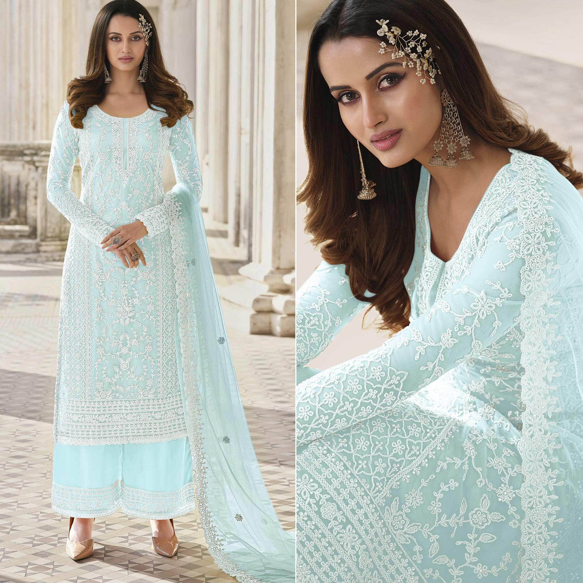 Light Blue Embroidered With Embellished Net Palazzo Suit - Peachmode