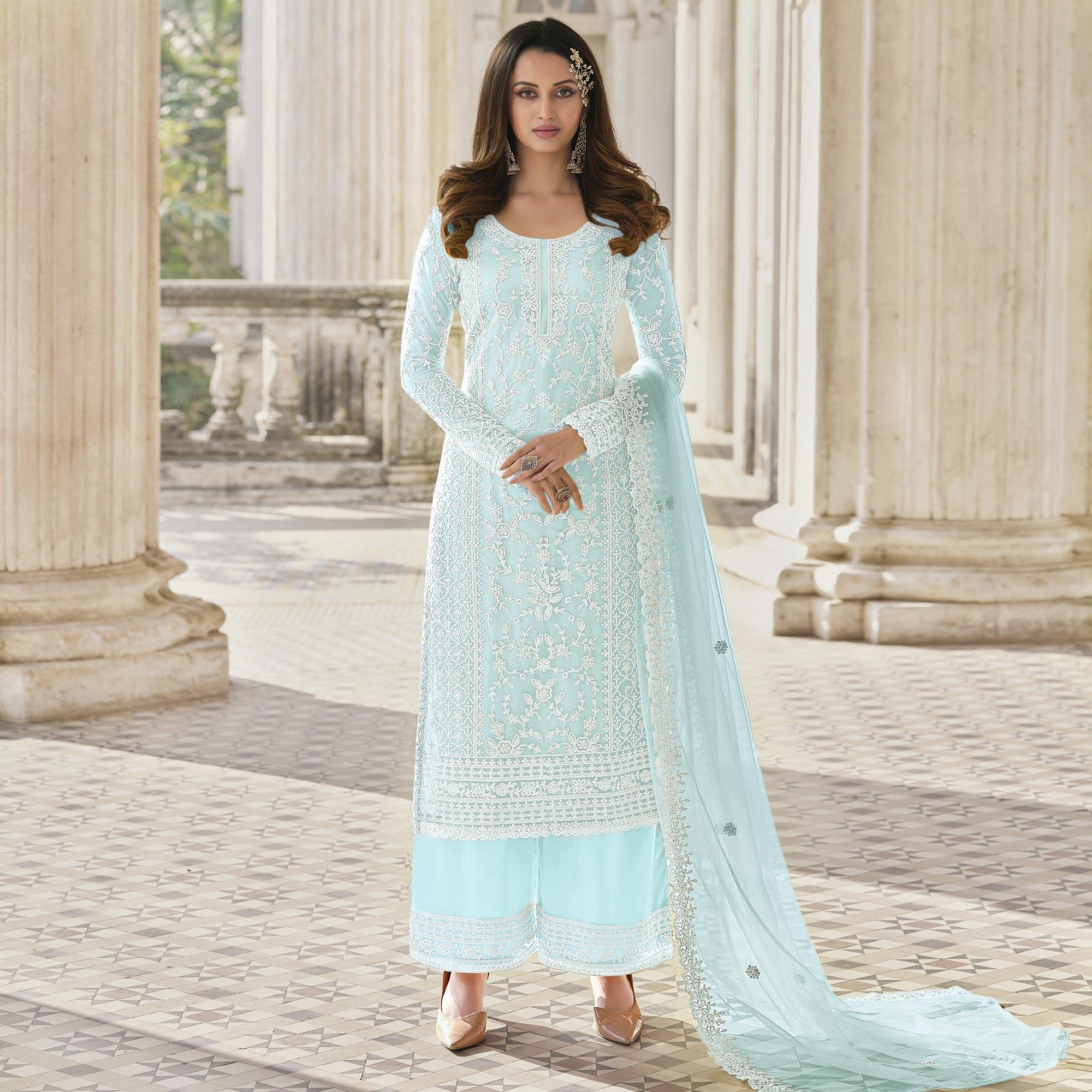 Light Blue Embroidered With Embellished Net Palazzo Suit - Peachmode