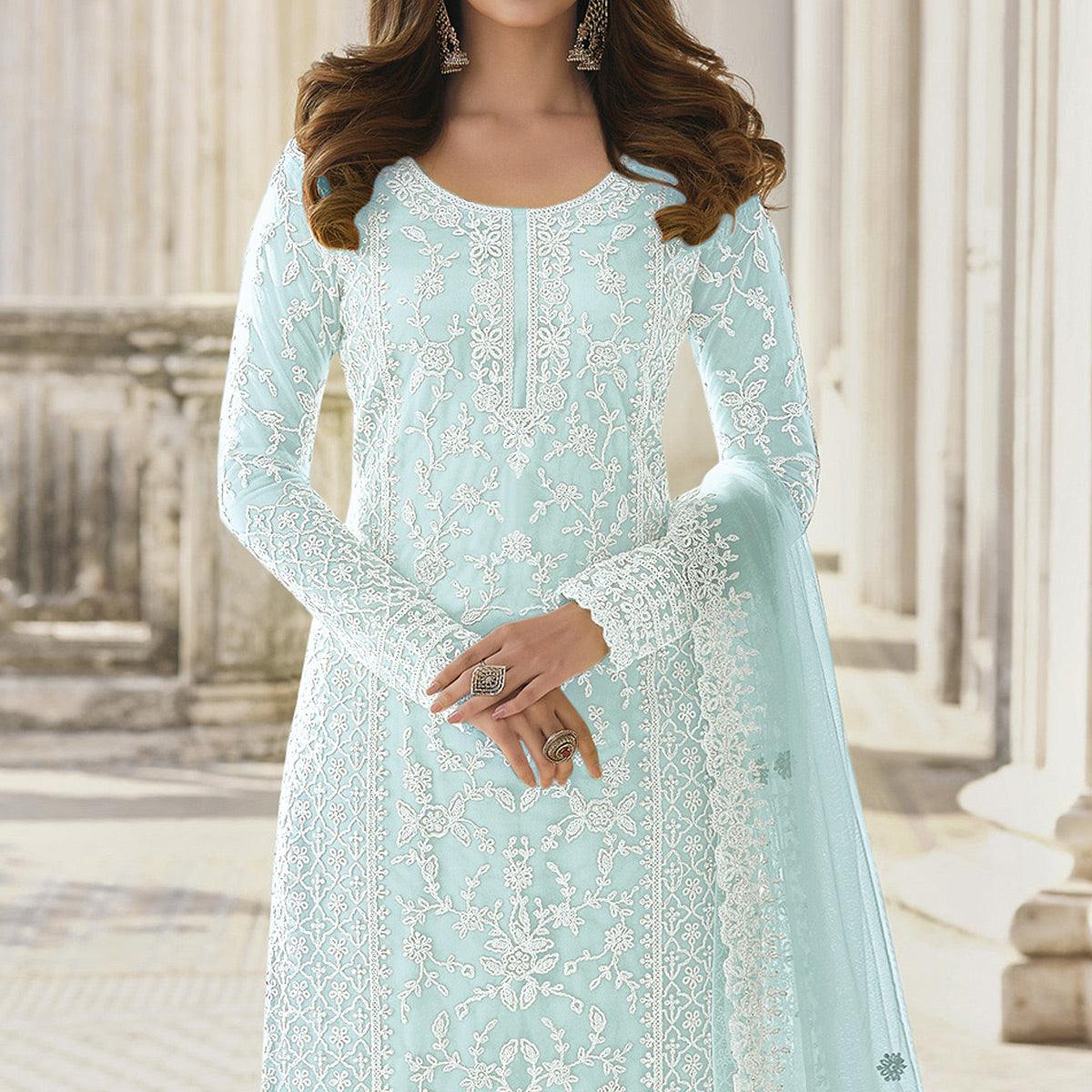 Light Blue Embroidered With Embellished Net Palazzo Suit - Peachmode