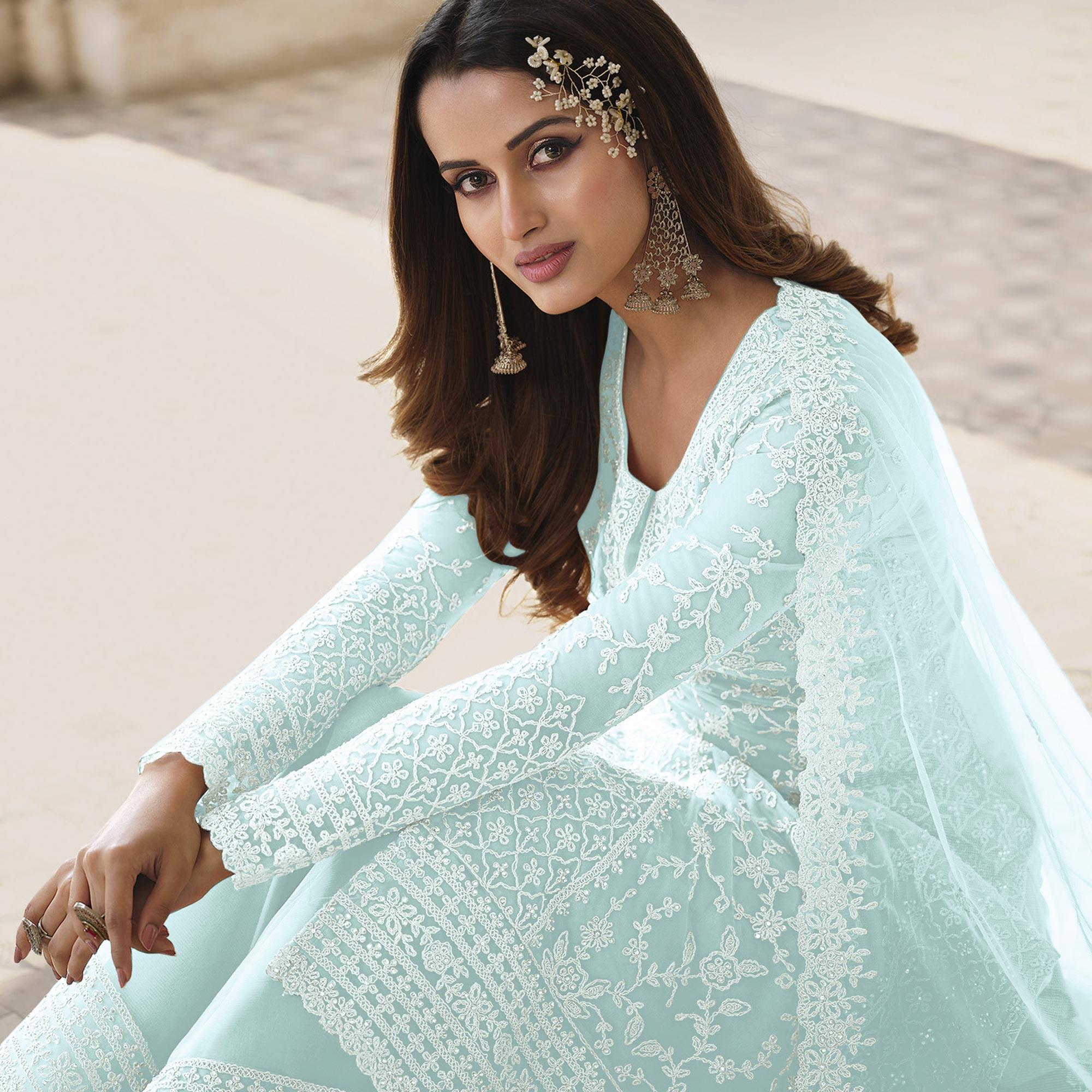 Light Blue Embroidered With Embellished Net Palazzo Suit - Peachmode