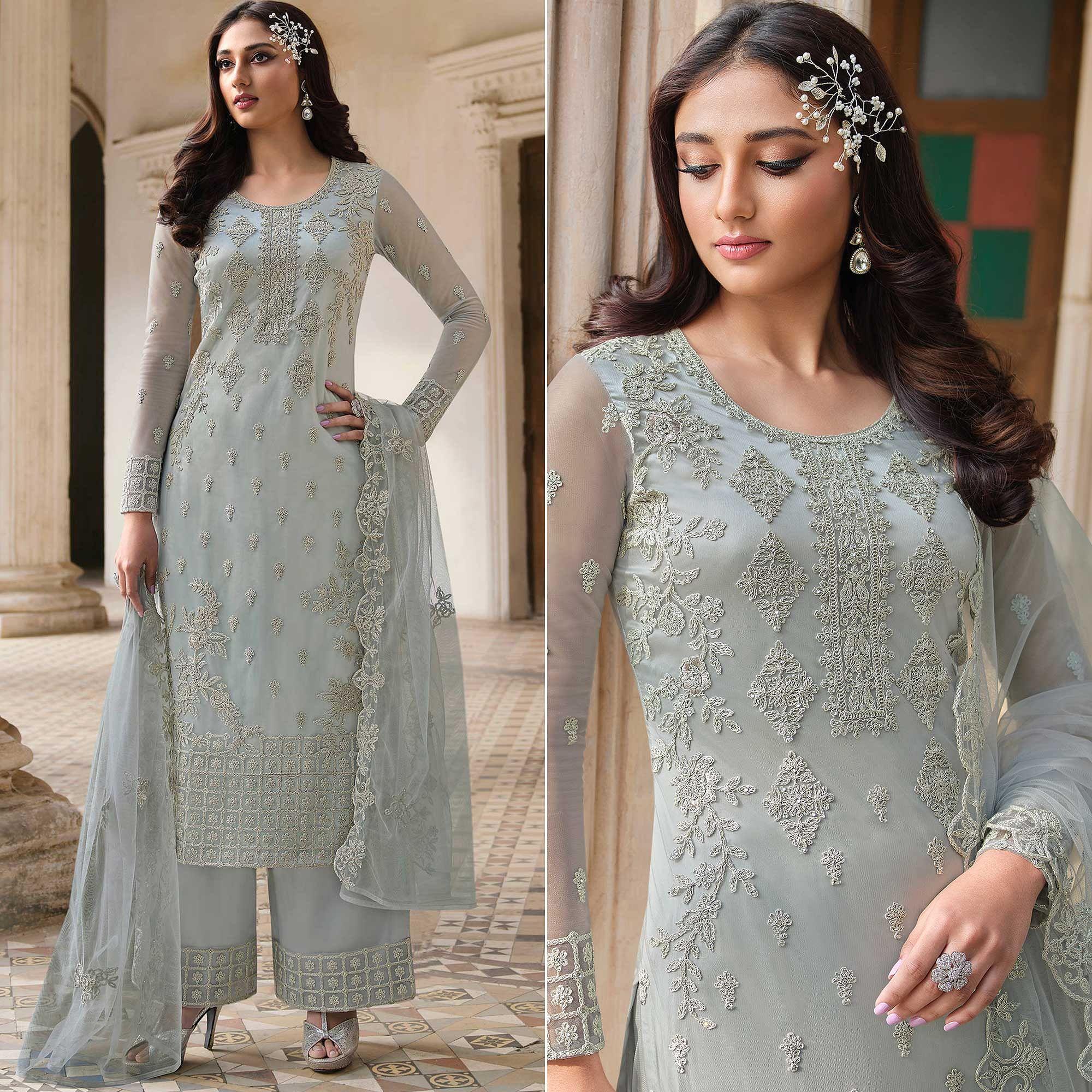 Light Blue Embroidery With Embellished Net Partywear Suit - Peachmode