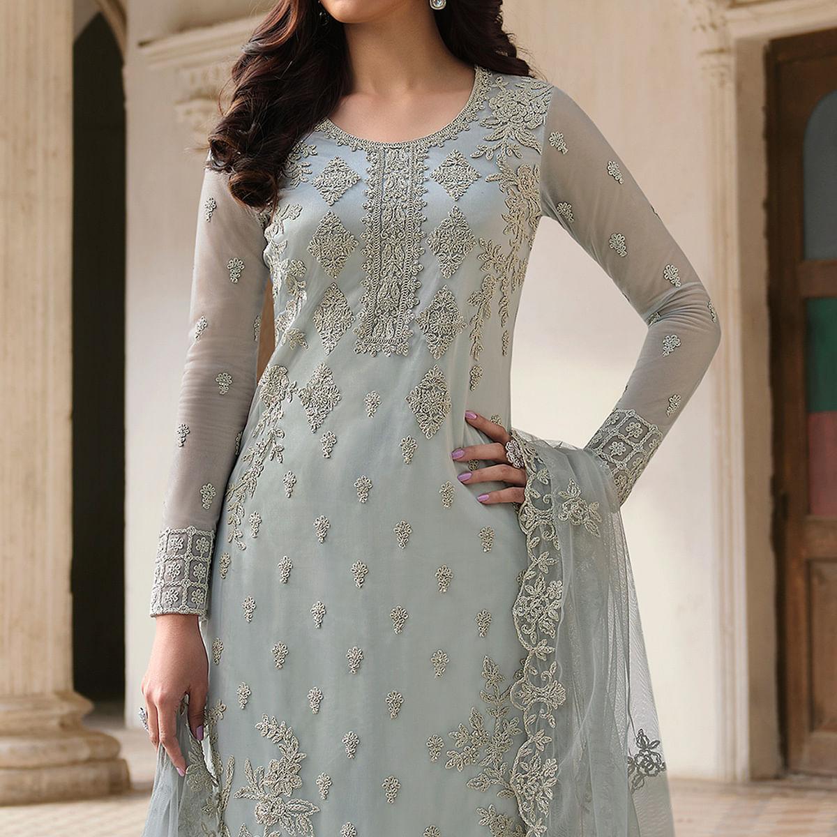 Light Blue Embroidery With Embellished Net Partywear Suit - Peachmode