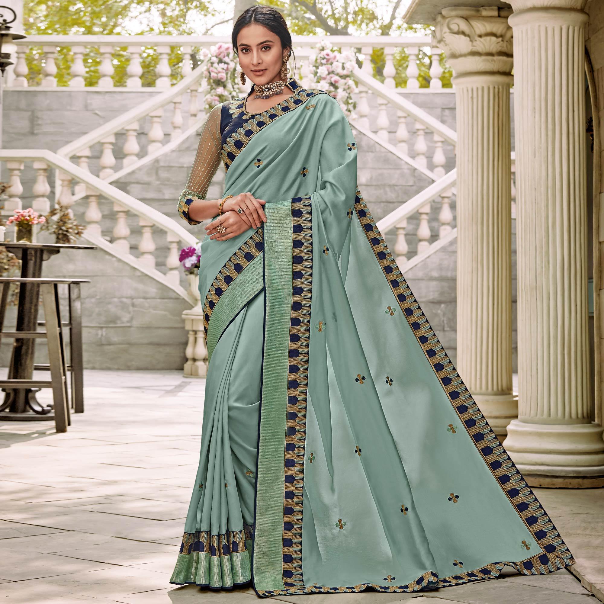 Light Blue Festive Wear Embroidered Art Silk Saree - Peachmode