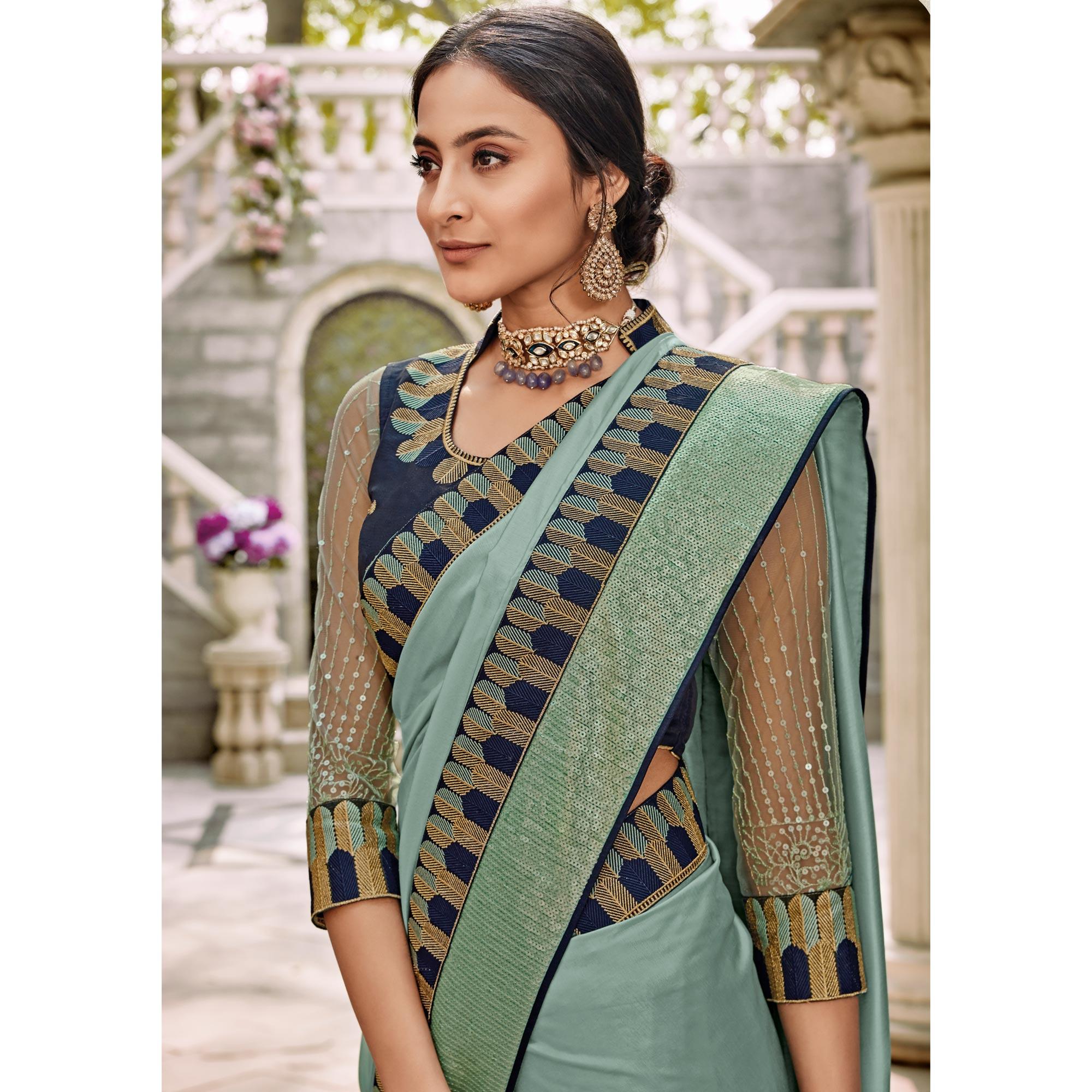 Light Blue Festive Wear Embroidered Art Silk Saree - Peachmode