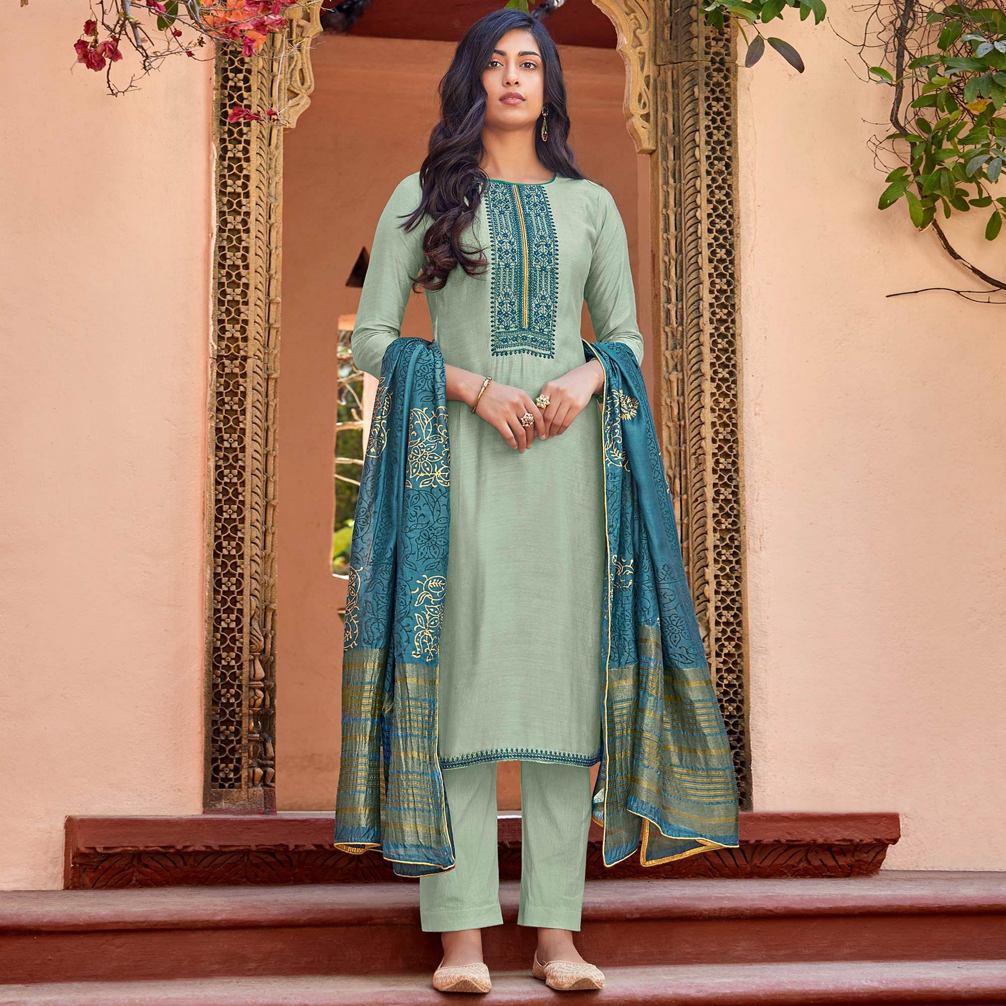 Light Blue Festive Wear Embroidered Viscose Cotton Silk Salwar Suit - Peachmode