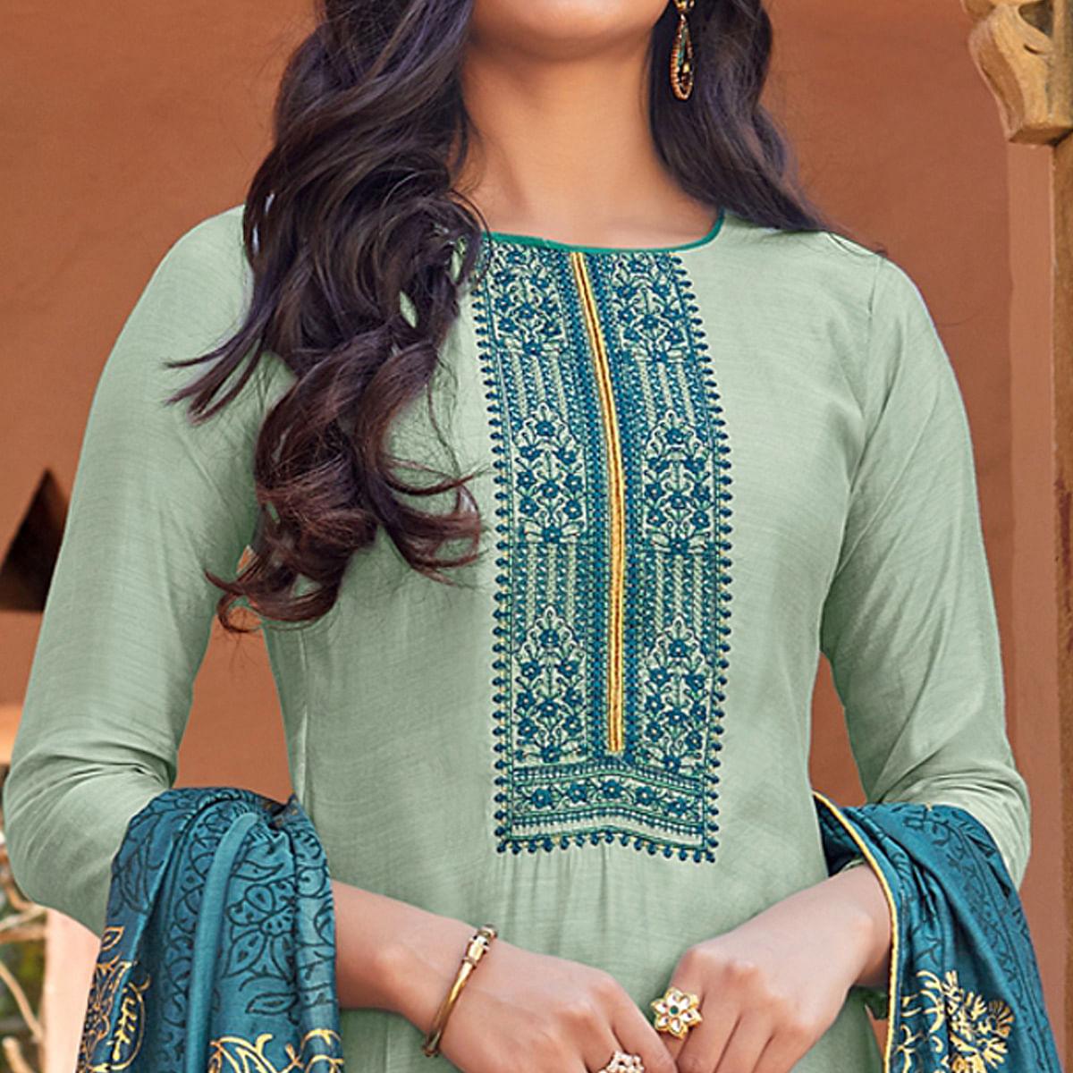 Light Blue Festive Wear Embroidered Viscose Cotton Silk Salwar Suit - Peachmode
