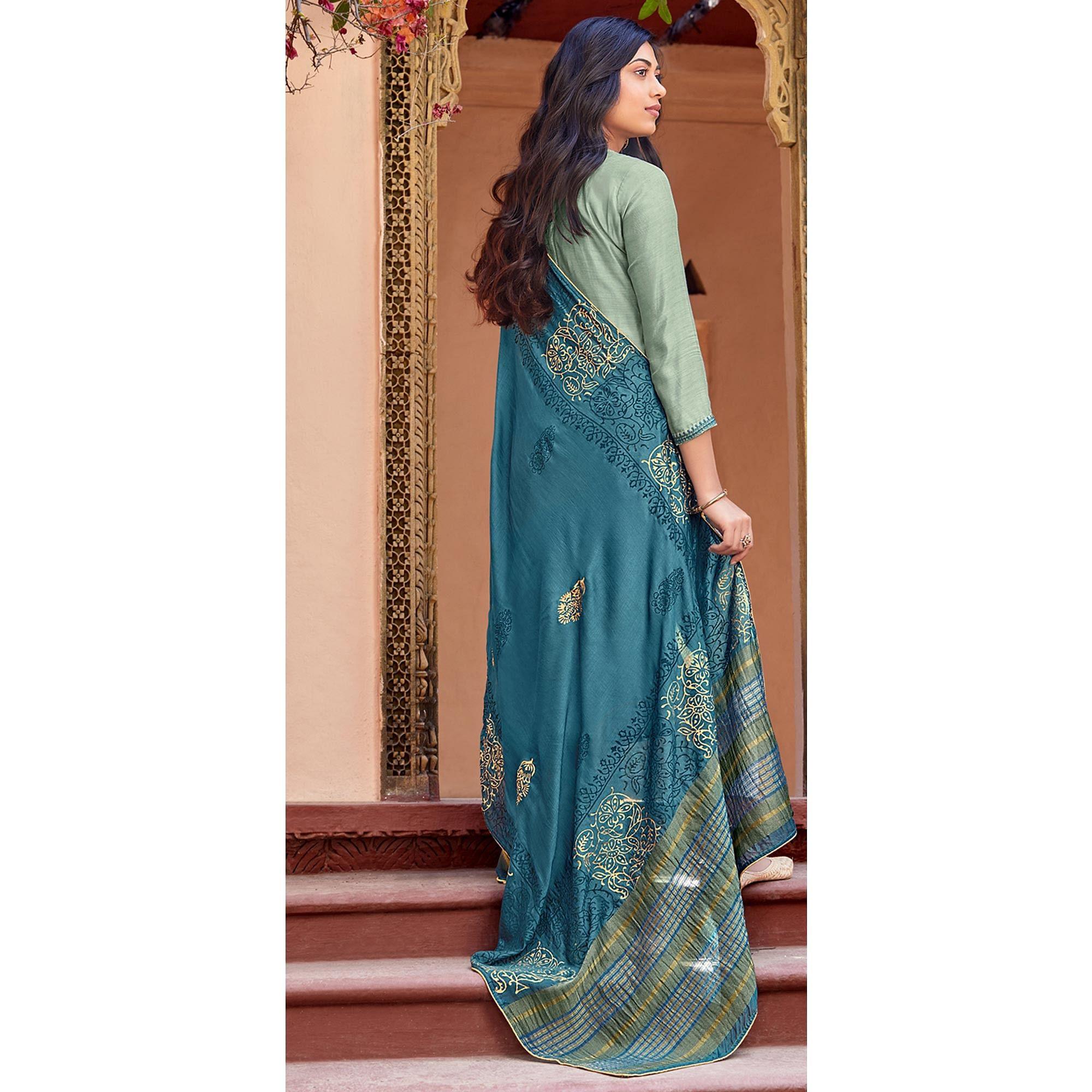 Light Blue Festive Wear Embroidered Viscose Cotton Silk Salwar Suit - Peachmode