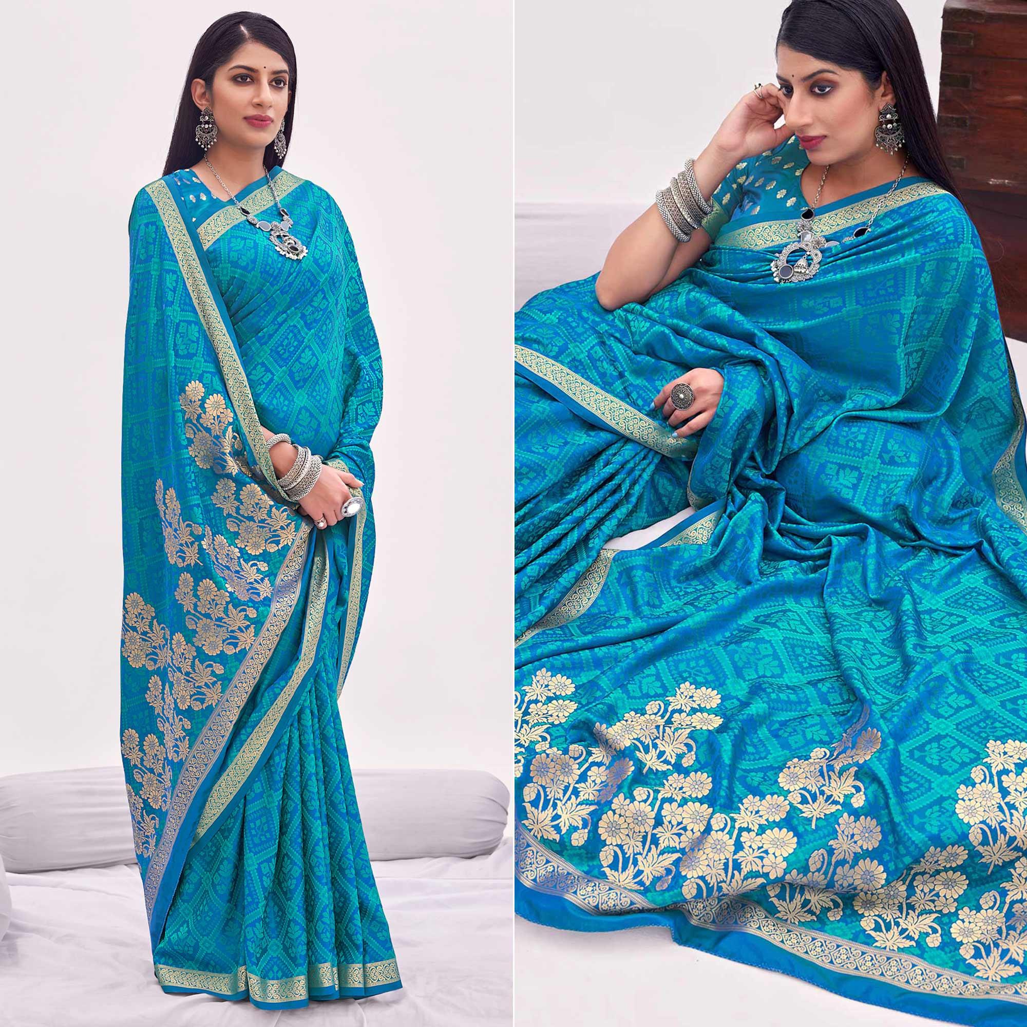 Light Blue Festive Wear Floral Woven Silk Saree - Peachmode