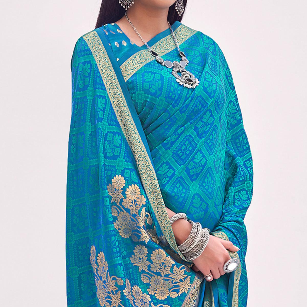Light Blue Festive Wear Floral Woven Silk Saree - Peachmode
