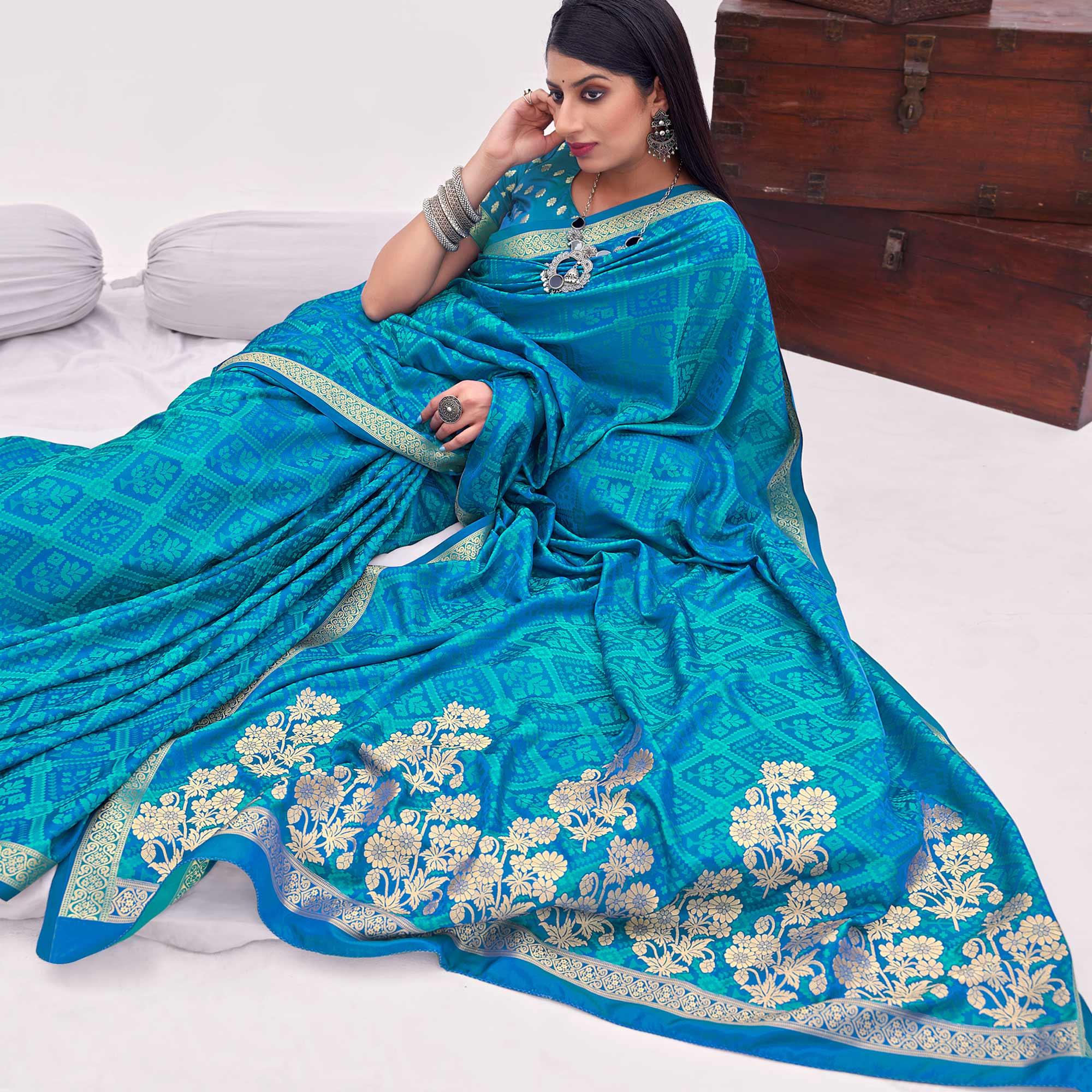 Light Blue Festive Wear Floral Woven Silk Saree - Peachmode