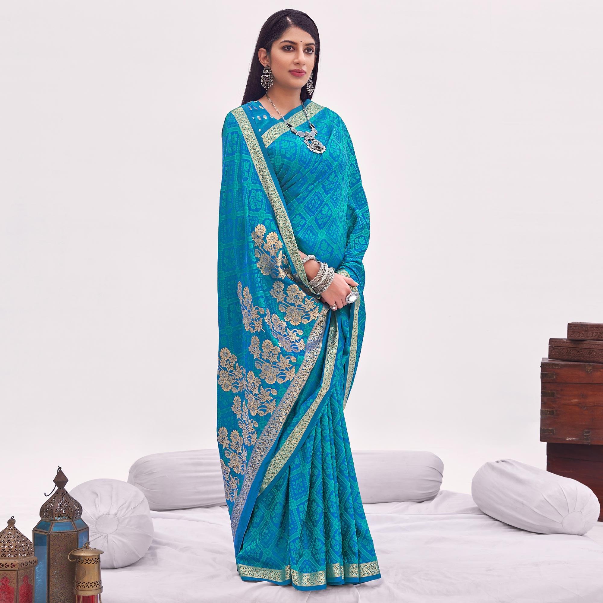 Light Blue Festive Wear Floral Woven Silk Saree - Peachmode