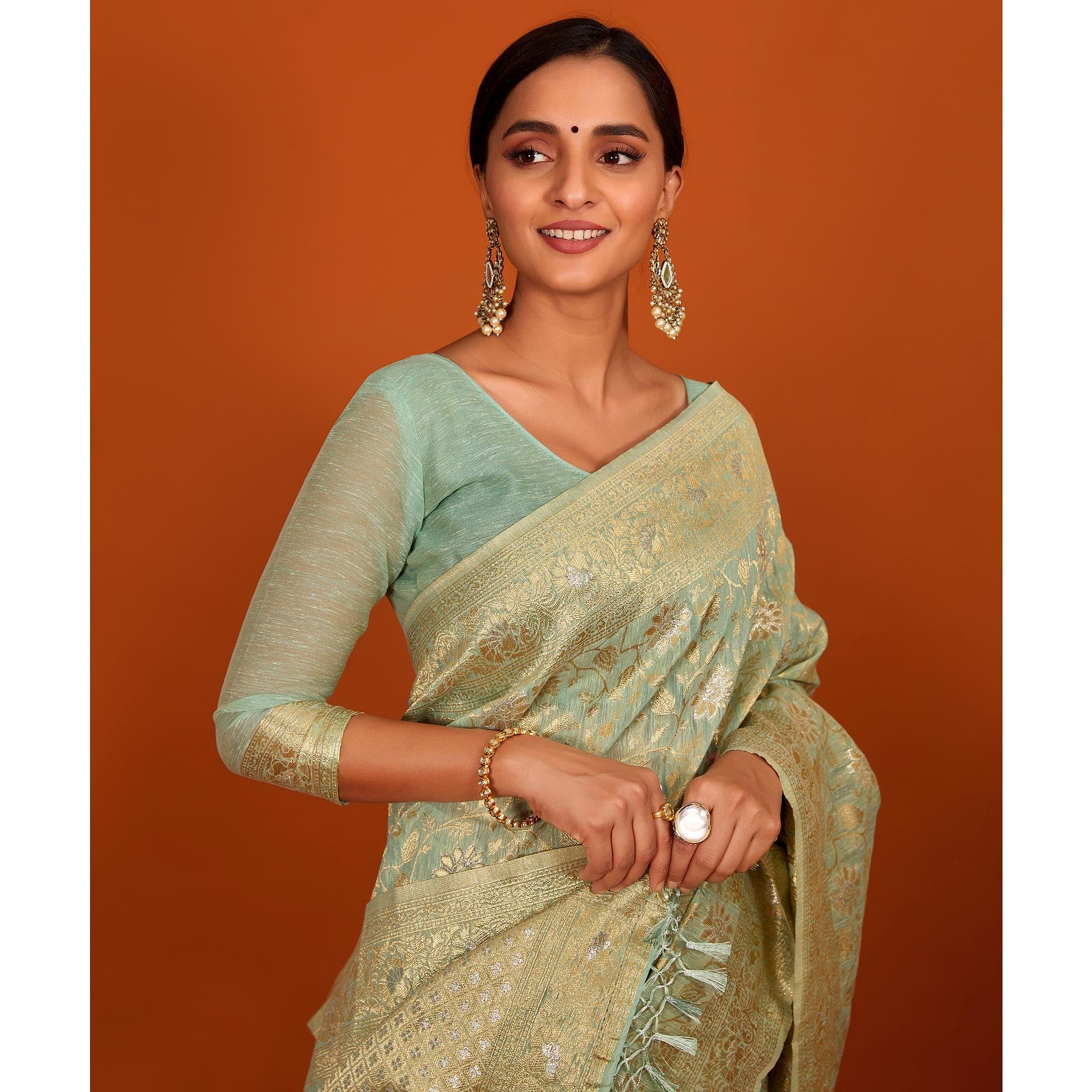 Light Blue Festive Wear Woven Cotton Saree With Tassels - Peachmode
