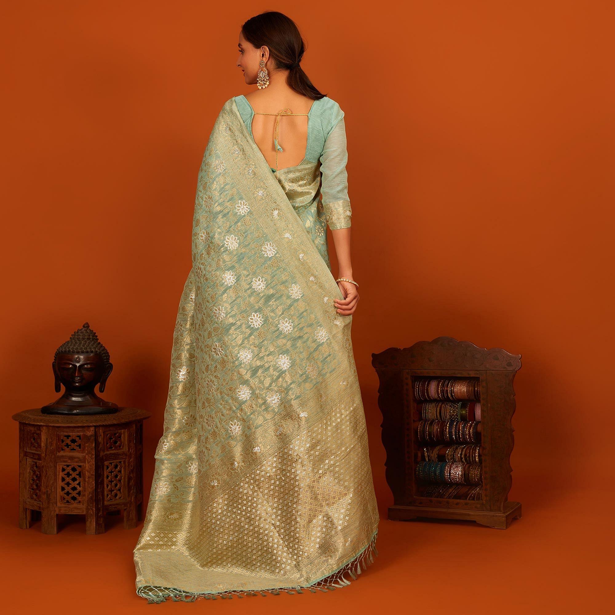 Light Blue Festive Wear Woven Cotton Saree With Tassels - Peachmode